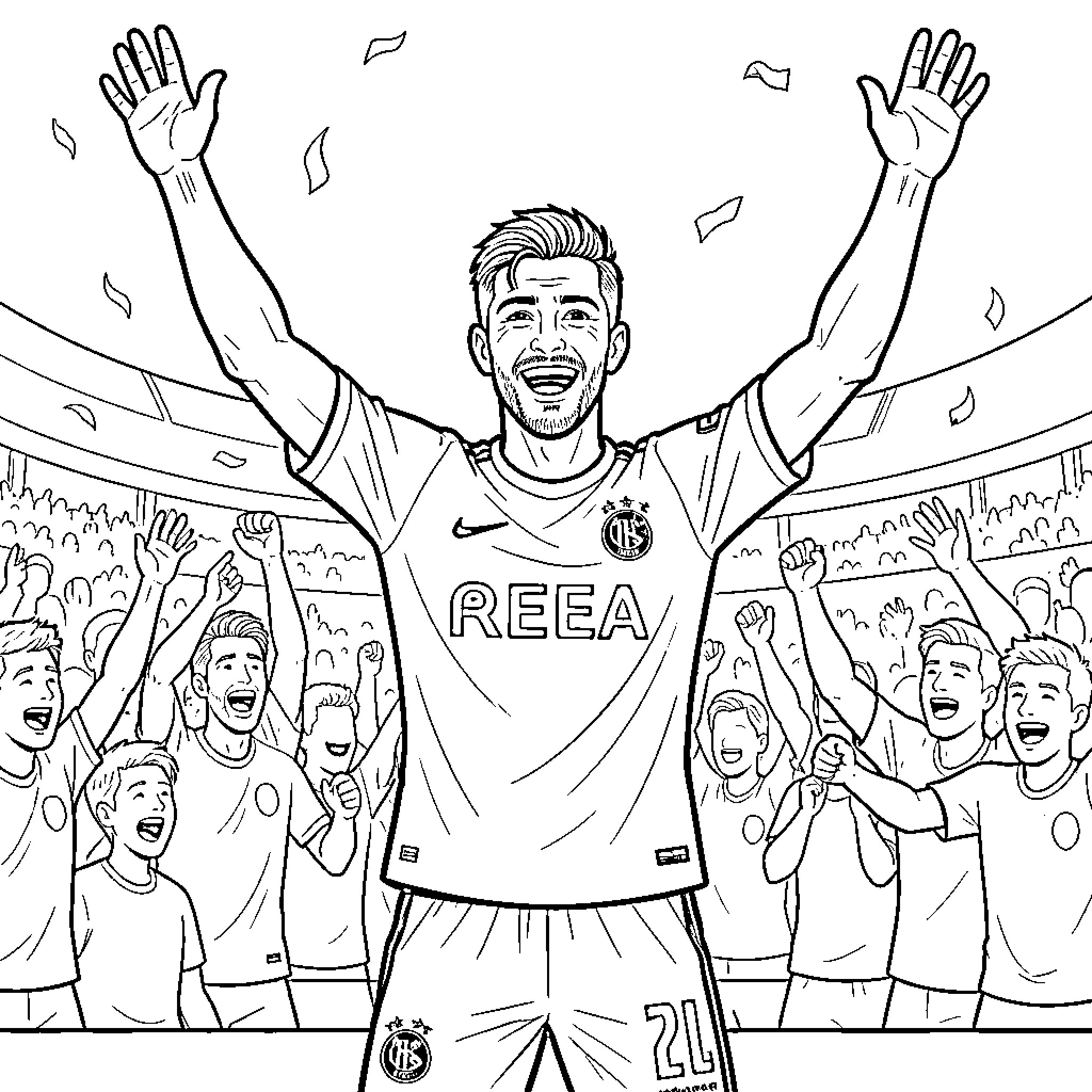 Griezmann celebrating a victory with arms raised high Coloring Page (free black-and-white line drawing printable PDF for all, from beginners to advanced learners, including children, teens, adults, and seniors)