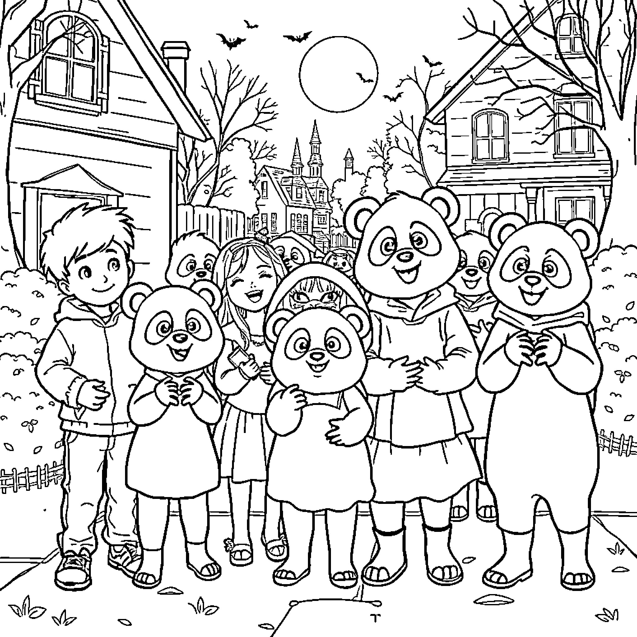 Panda Family Enjoying Autumn Scenery Coloring Page (free black-and-white line drawing printable PDF for all, from beginners to advanced learners, including children, teens, adults, and seniors)