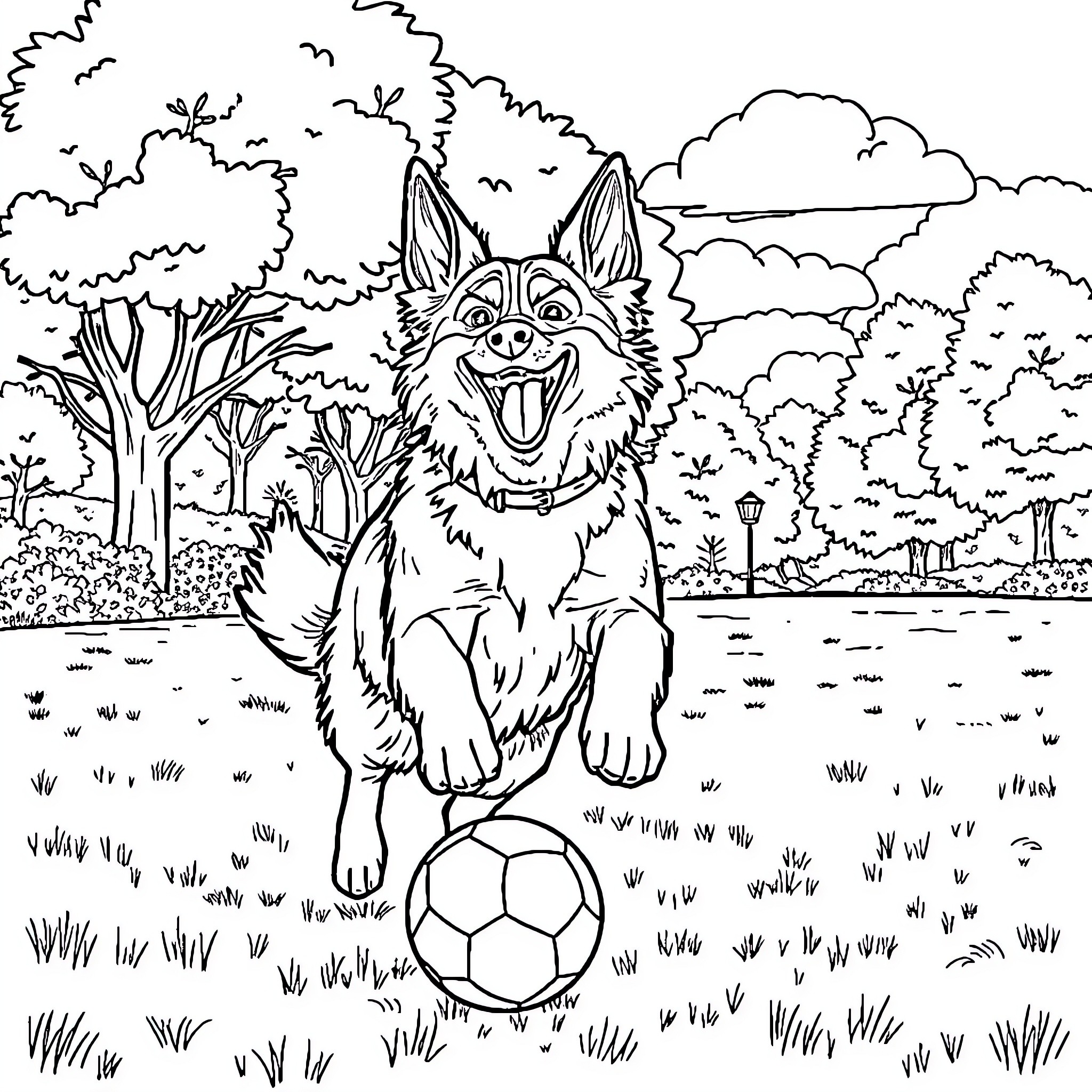 Dog playing happily with soccer ball in the park Coloring Page (free black-and-white line drawing printable PDF for all, from beginners to advanced learners, including children, teens, adults, and seniors)