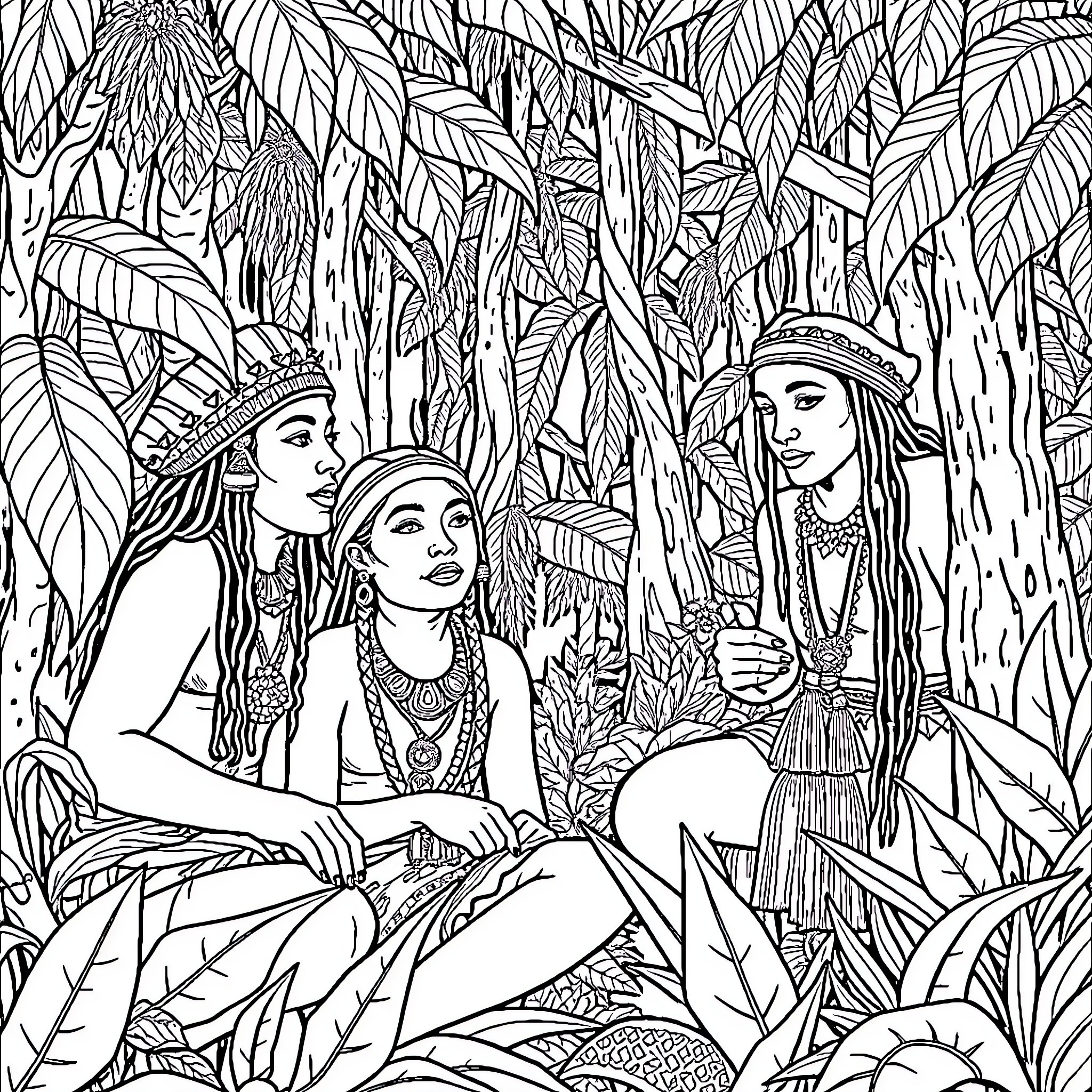 Auca Women Conversing in Lush Jungle Landscape Coloring Page (free black-and-white line drawing printable PDF for all, from beginners to advanced learners, including children, teens, adults, and seniors)