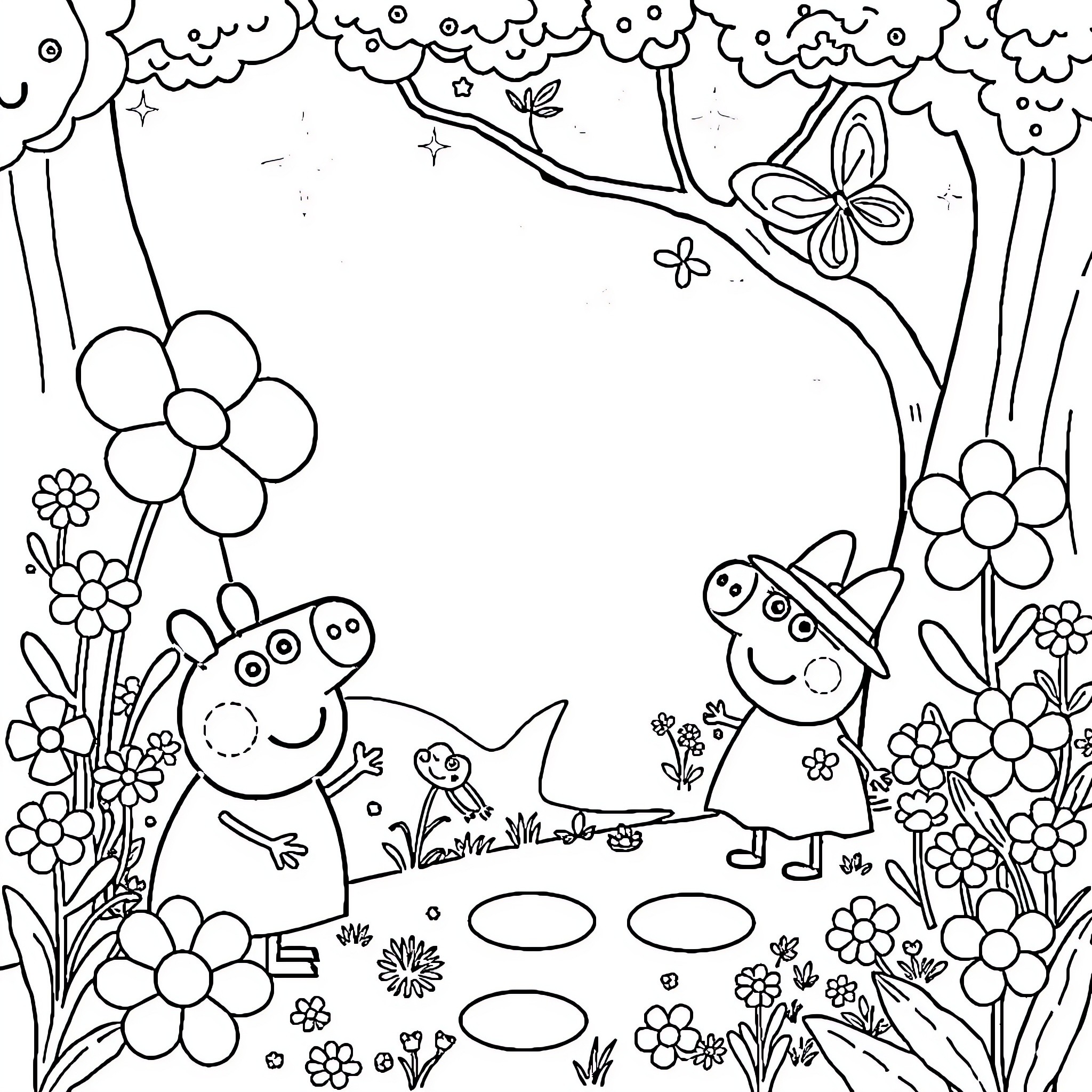 Peppa Pig and friends in a flower-filled garden Coloring Page (free black-and-white line drawing printable PDF for all, from beginners to advanced learners, including children, teens, adults, and seniors)