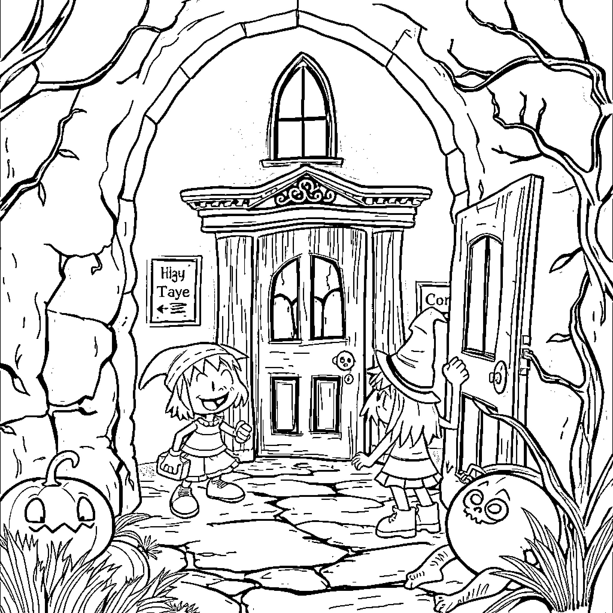 Dandy Trick-or-Treating Adventure in the Spooky Forest Coloring Page (free black-and-white line drawing printable PDF for all, from beginners to advanced learners, including children, teens, adults, and seniors)