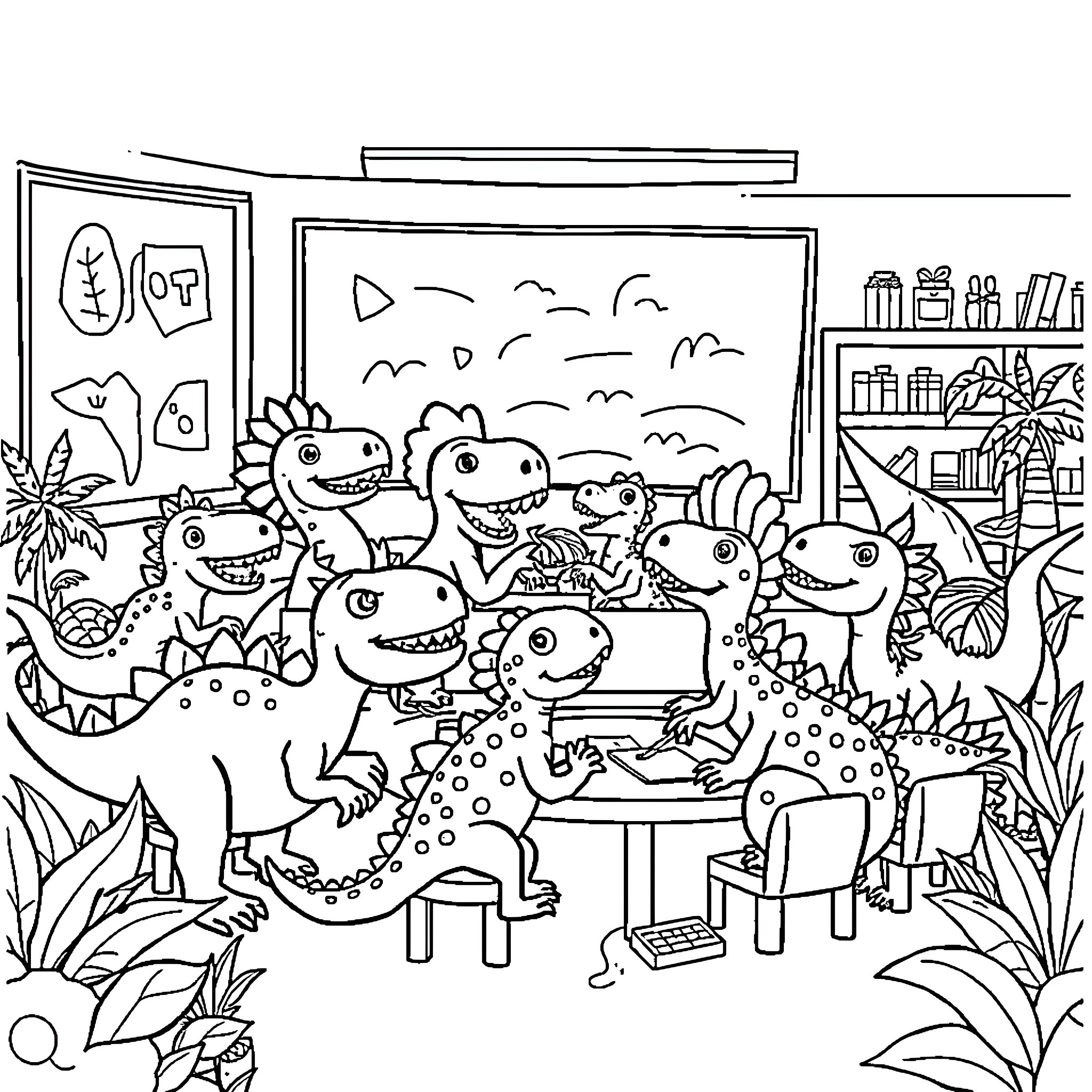 Dinosaurs having a party in the classroom Coloring Page (free black-and-white line drawing printable PDF for all, from beginners to advanced learners, including children, teens, adults, and seniors)