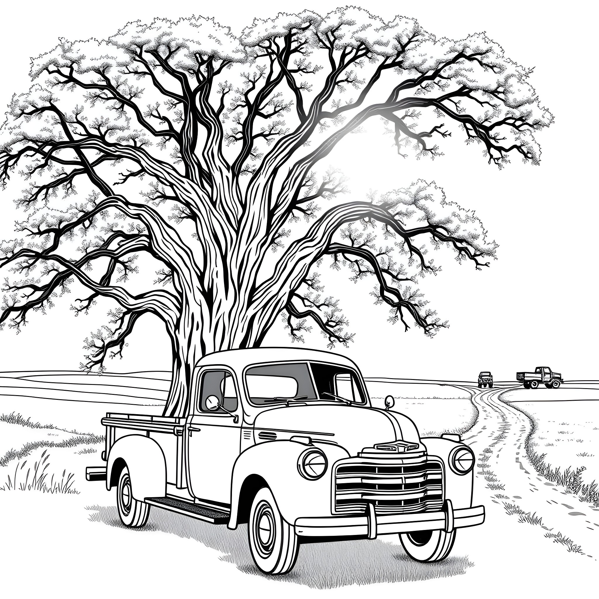 Truck parked under a majestic tree in the countryside Coloring Page (free black-and-white line drawing printable PDF for all, from beginners to advanced learners, including children, teens, adults, and seniors)