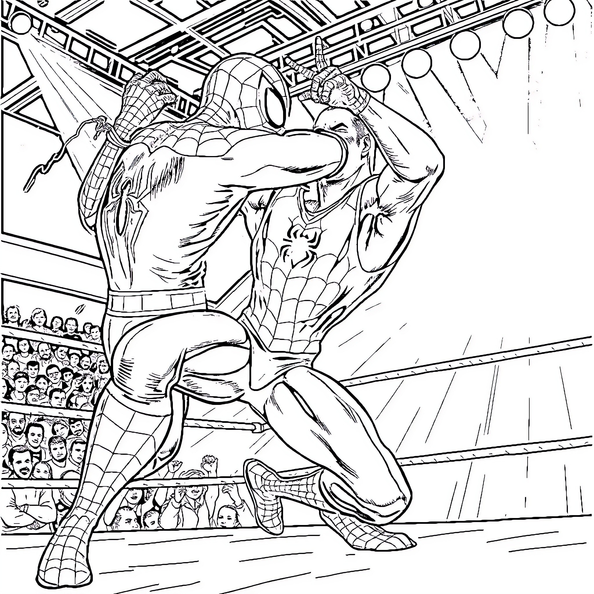 Spider-Man taking action in the arena Coloring Page (free black-and-white line drawing printable PDF for all, from beginners to advanced learners, including children, teens, adults, and seniors)