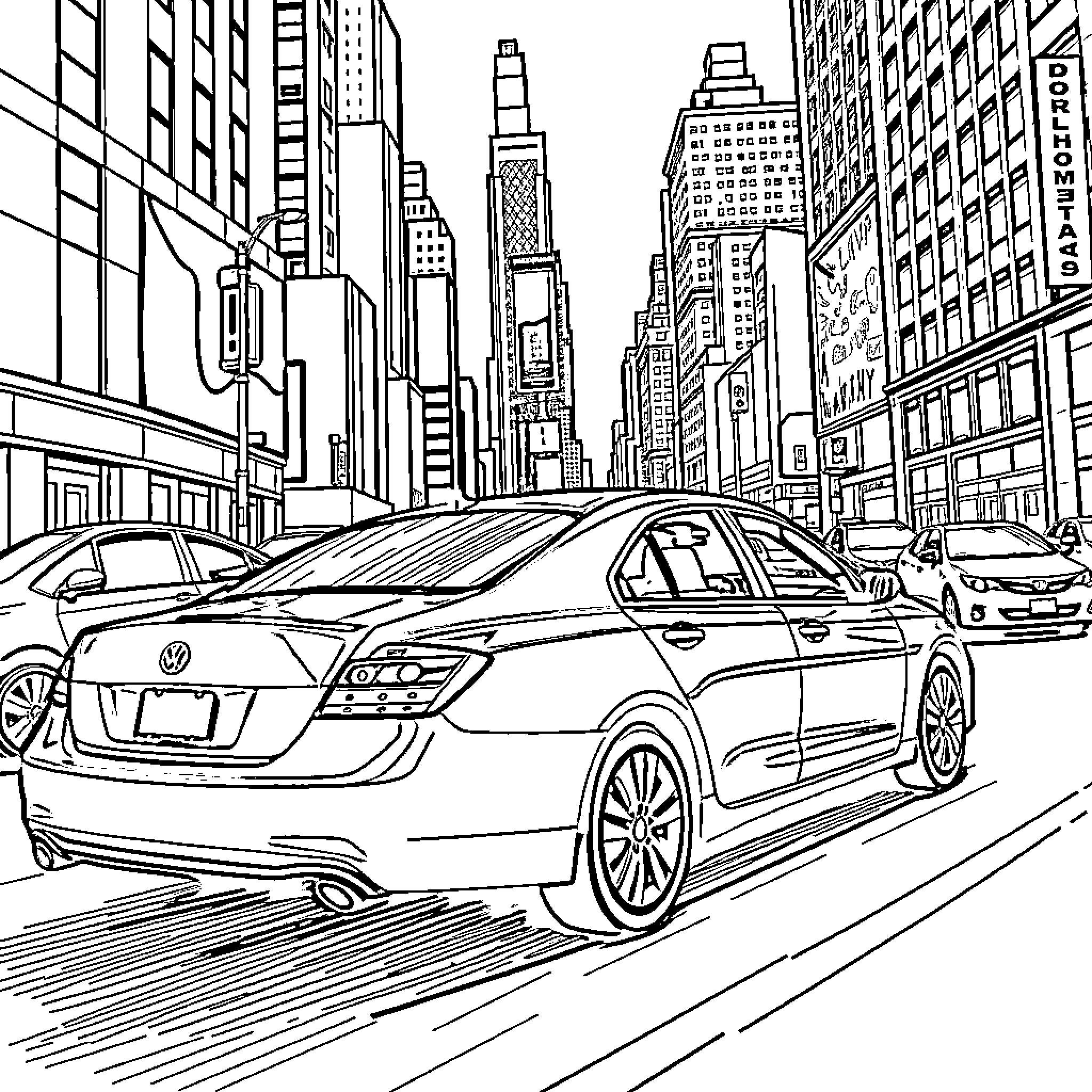 Cars zooming through the busy city streets Coloring Page (free black-and-white line drawing printable PDF for all, from beginners to advanced learners, including children, teens, adults, and seniors)