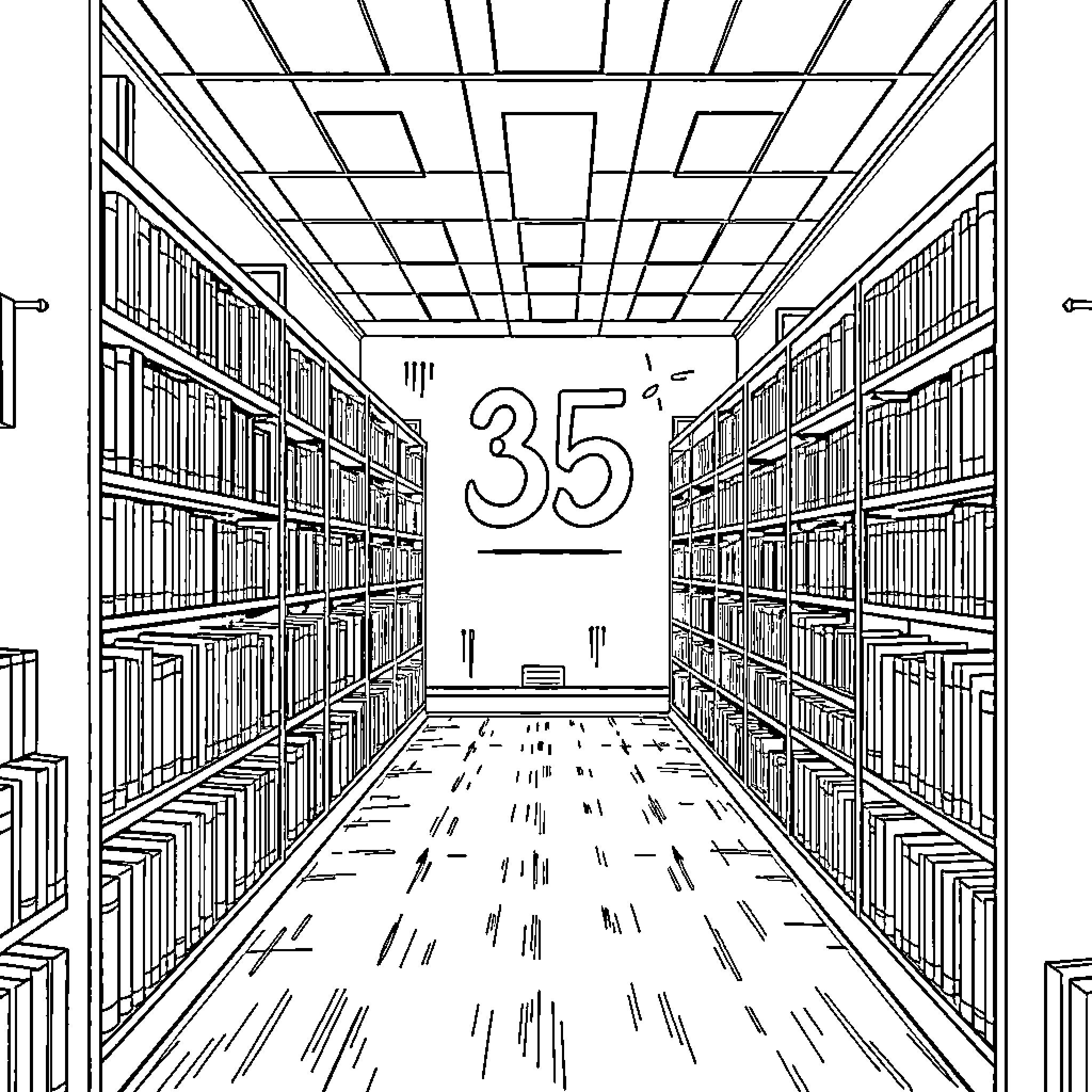 Library Aisle with Numbered Shelves Coloring Page (free black-and-white line drawing printable PDF for all, from beginners to advanced learners, including children, teens, adults, and seniors)
