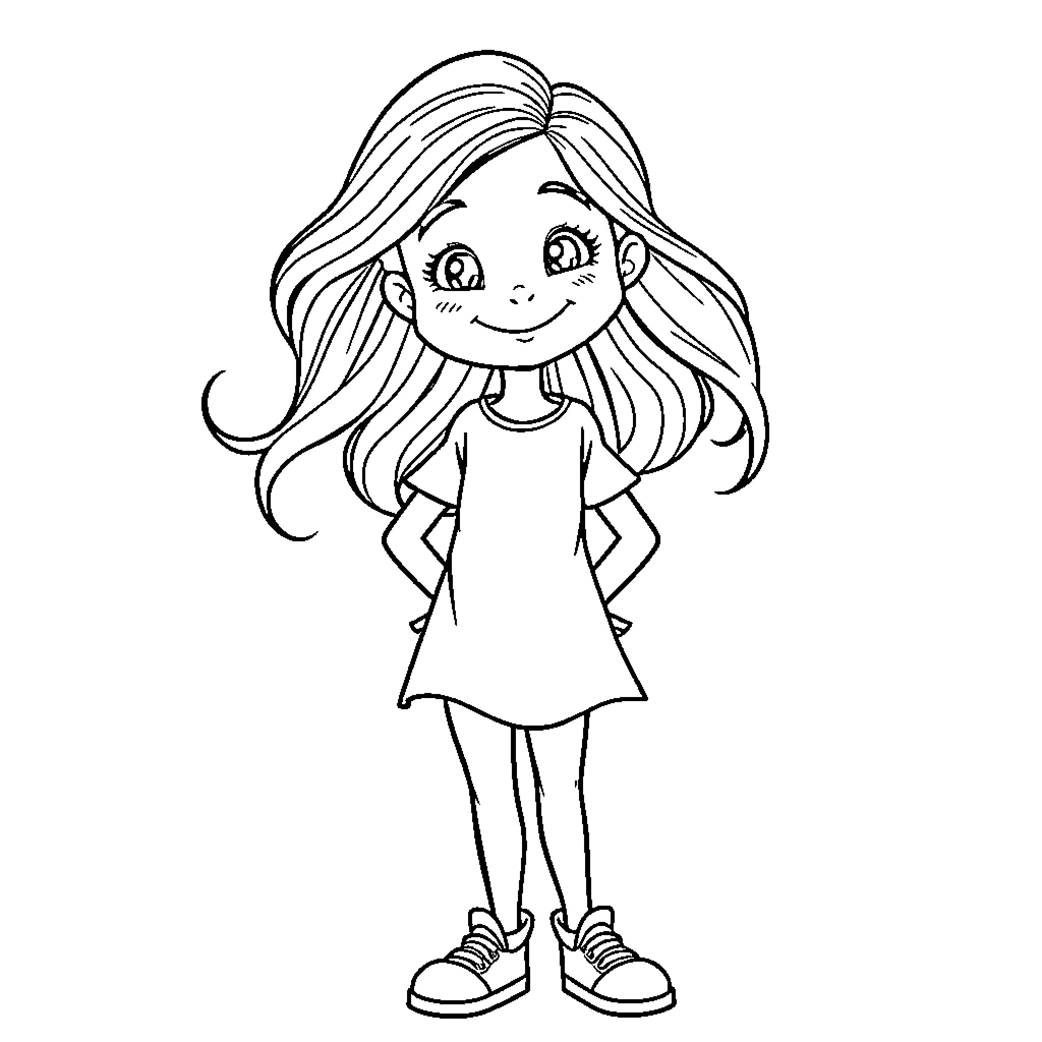 Girl with long, flowing hair and a cheerful expression Coloring Page (free black-and-white line drawing printable PDF for all, from beginners to advanced learners, including children, teens, adults, and seniors)