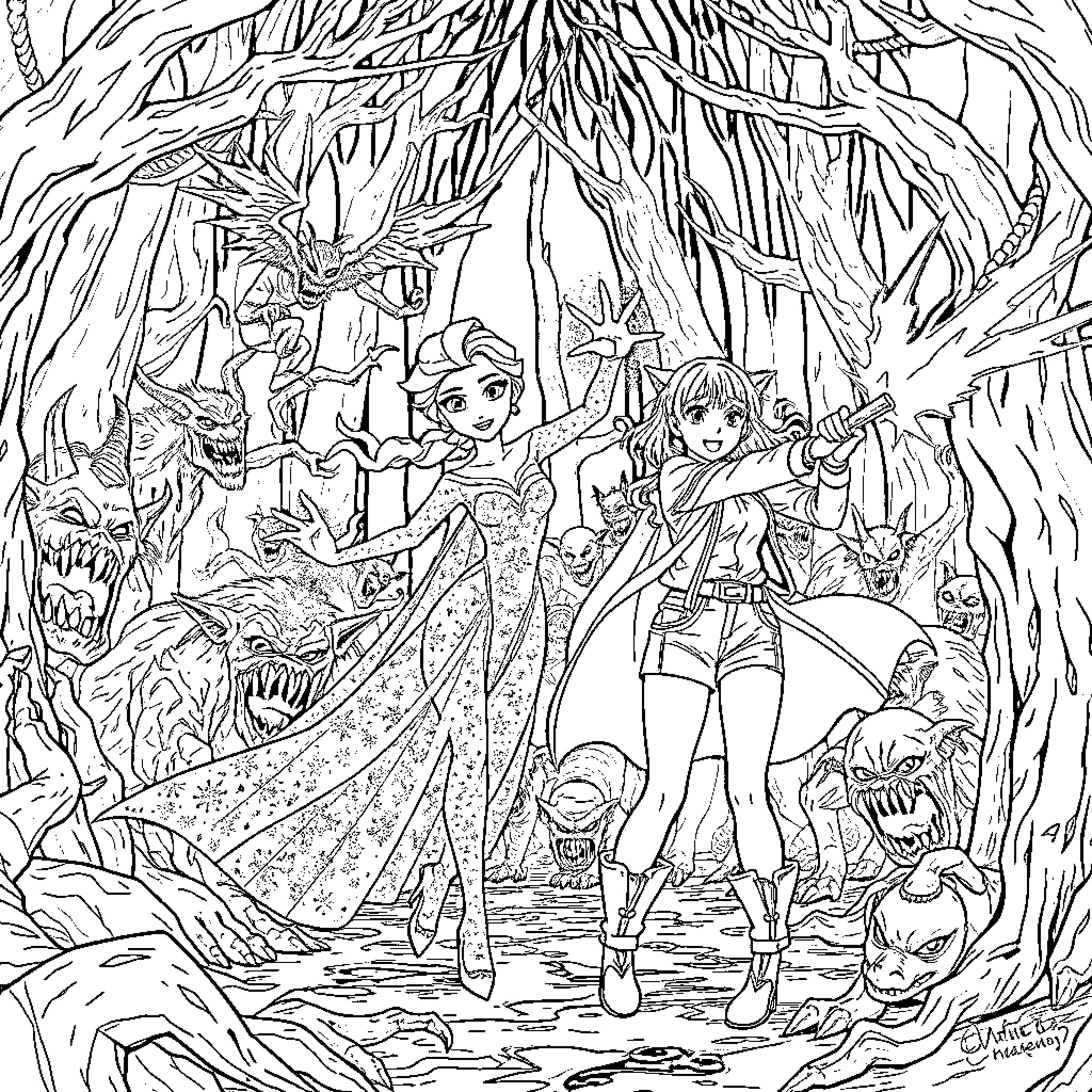 Elsa's Enchanting Adventure in the Magical Forest Coloring Page (free black-and-white line drawing printable PDF for all, from beginners to advanced learners, including children, teens, adults, and seniors)