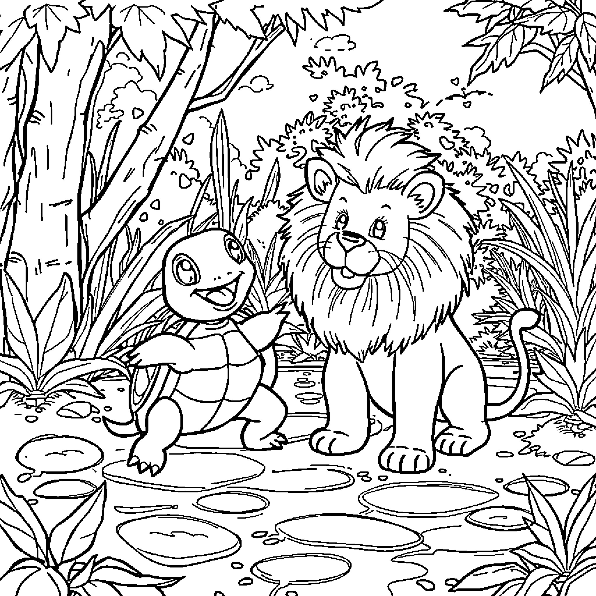 Tortuga Animals in the Enchanted Jungle Coloring Page (free black-and-white line drawing printable PDF for all, from beginners to advanced learners, including children, teens, adults, and seniors)