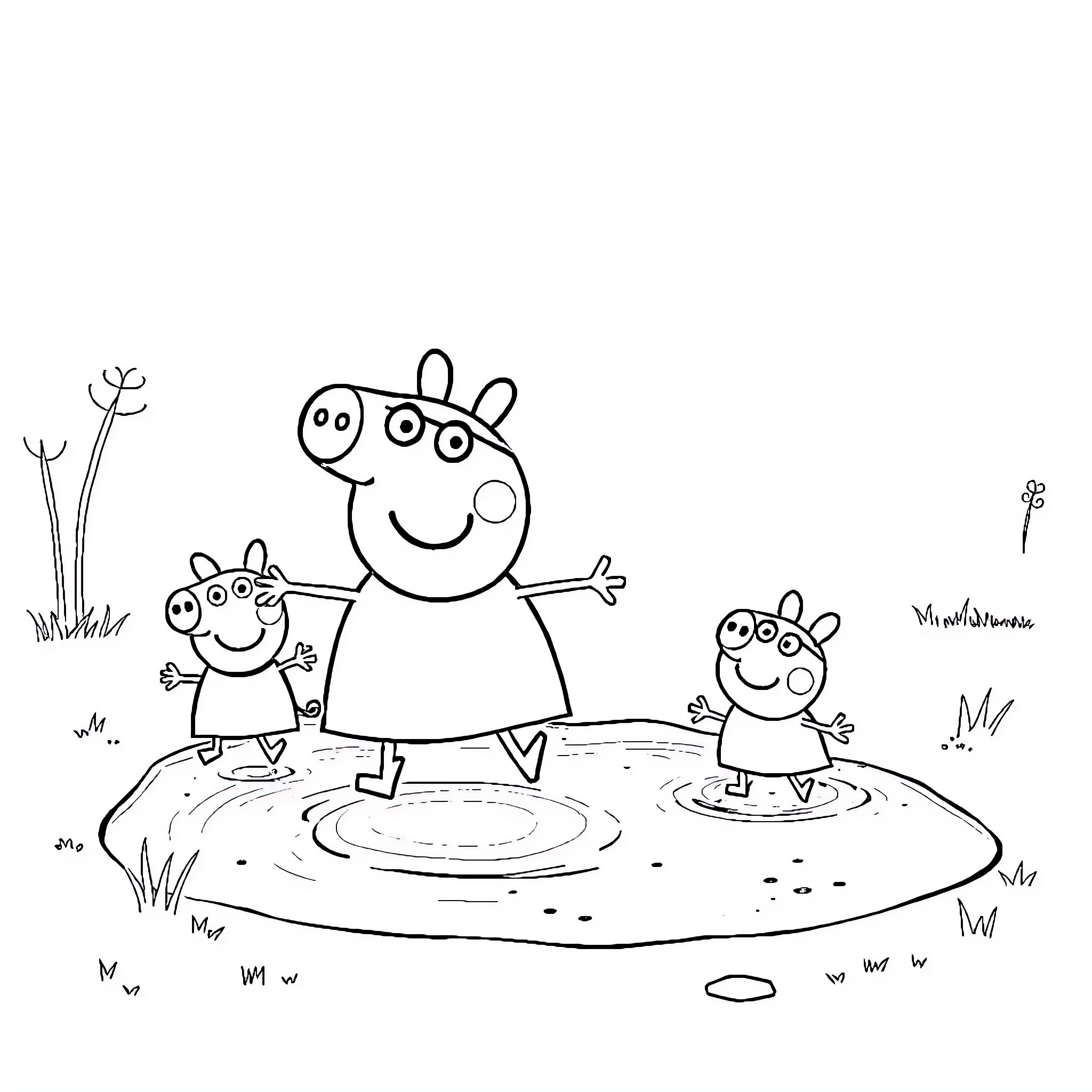 Peppa Pig family playing in the mud puddle Coloring Page (free black-and-white line drawing printable PDF for all, from beginners to advanced learners, including children, teens, adults, and seniors)