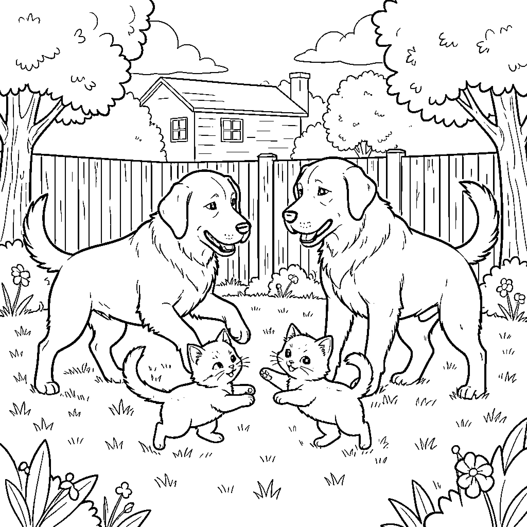 Kitty friends exploring the backyard Coloring Page (free black-and-white line drawing printable PDF for all, from beginners to advanced learners, including children, teens, adults, and seniors)