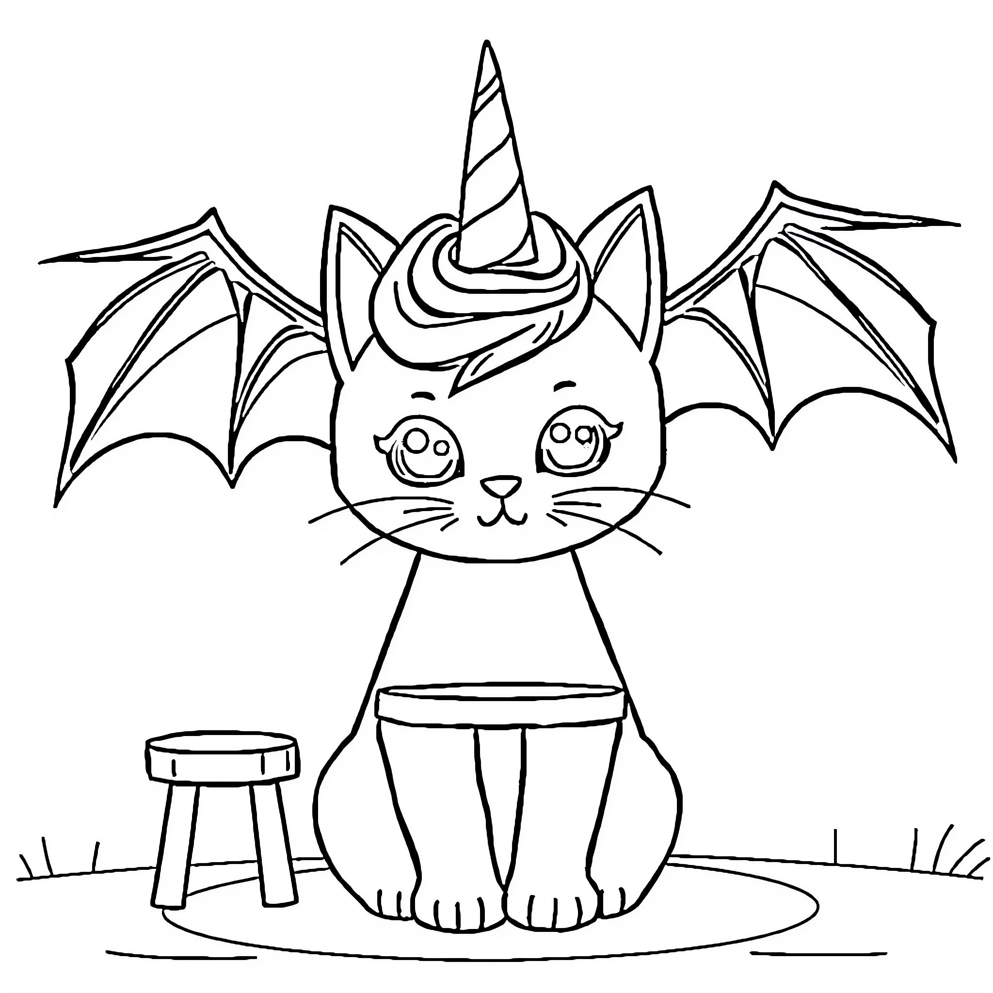 Cat with unicorn horn and bat wings in a whimsical scene Coloring Page (free black-and-white line drawing printable PDF for all, from beginners to advanced learners, including children, teens, adults, and seniors)