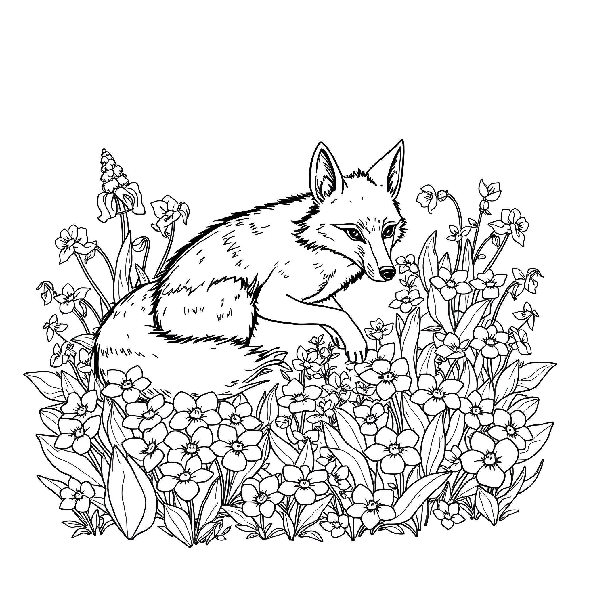Coyote resting in a field of flowers Coloring Page (free black-and-white line drawing printable PDF for all, from beginners to advanced learners, including children, teens, adults, and seniors)