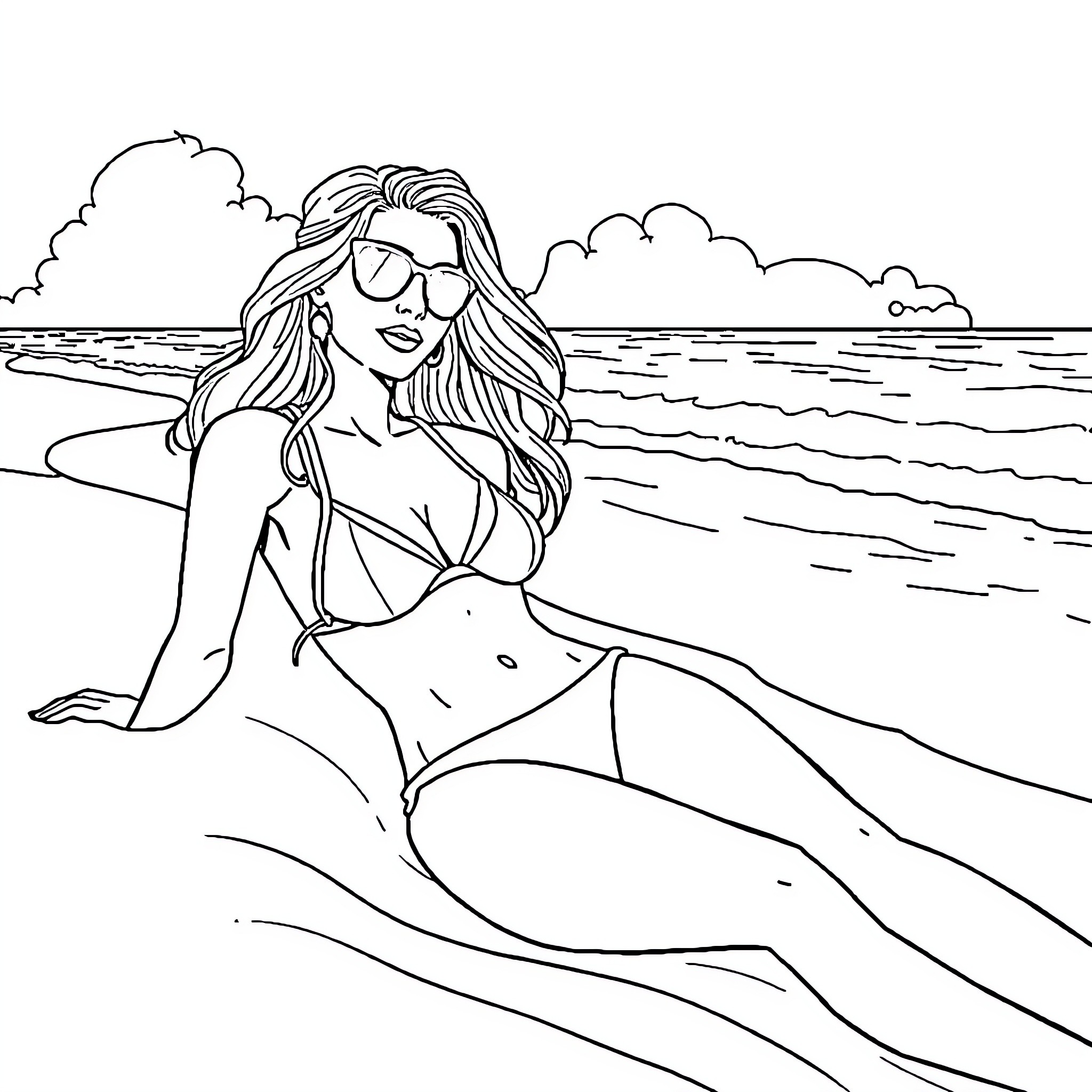 Woman relaxing on the beach Coloring Page (free black-and-white line drawing printable PDF for all, from beginners to advanced learners, including children, teens, adults, and seniors)