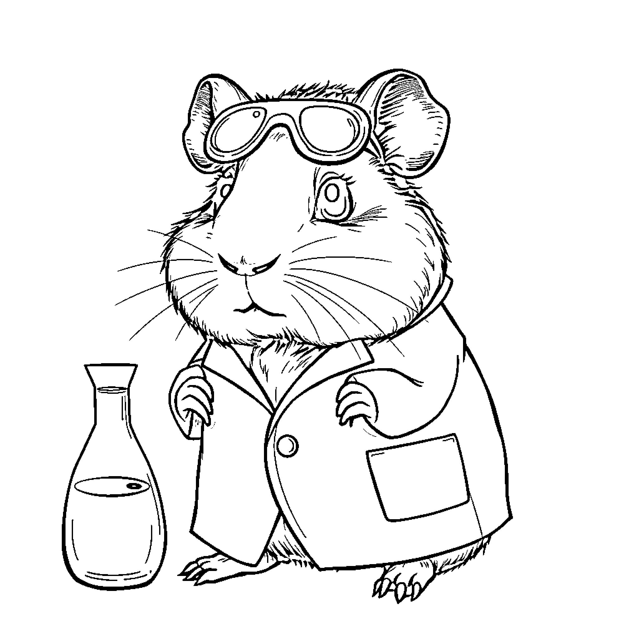 Guinea Pig Scientist in Lab Coat and Goggles Coloring Page (free black-and-white line drawing printable PDF for all, from beginners to advanced learners, including children, teens, adults, and seniors)