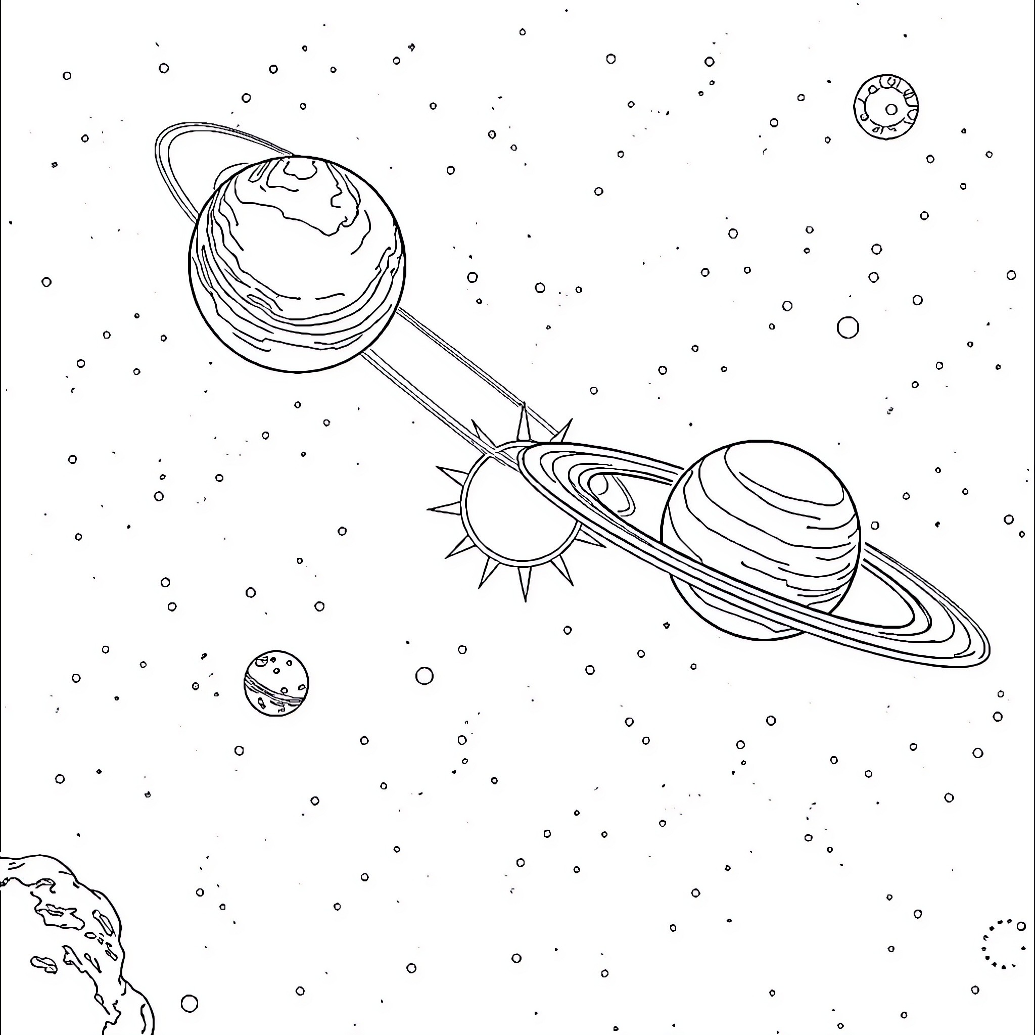 Solar System Planets and Celestial Bodies Coloring Page (free black-and-white line drawing printable PDF for all, from beginners to advanced learners, including children, teens, adults, and seniors)