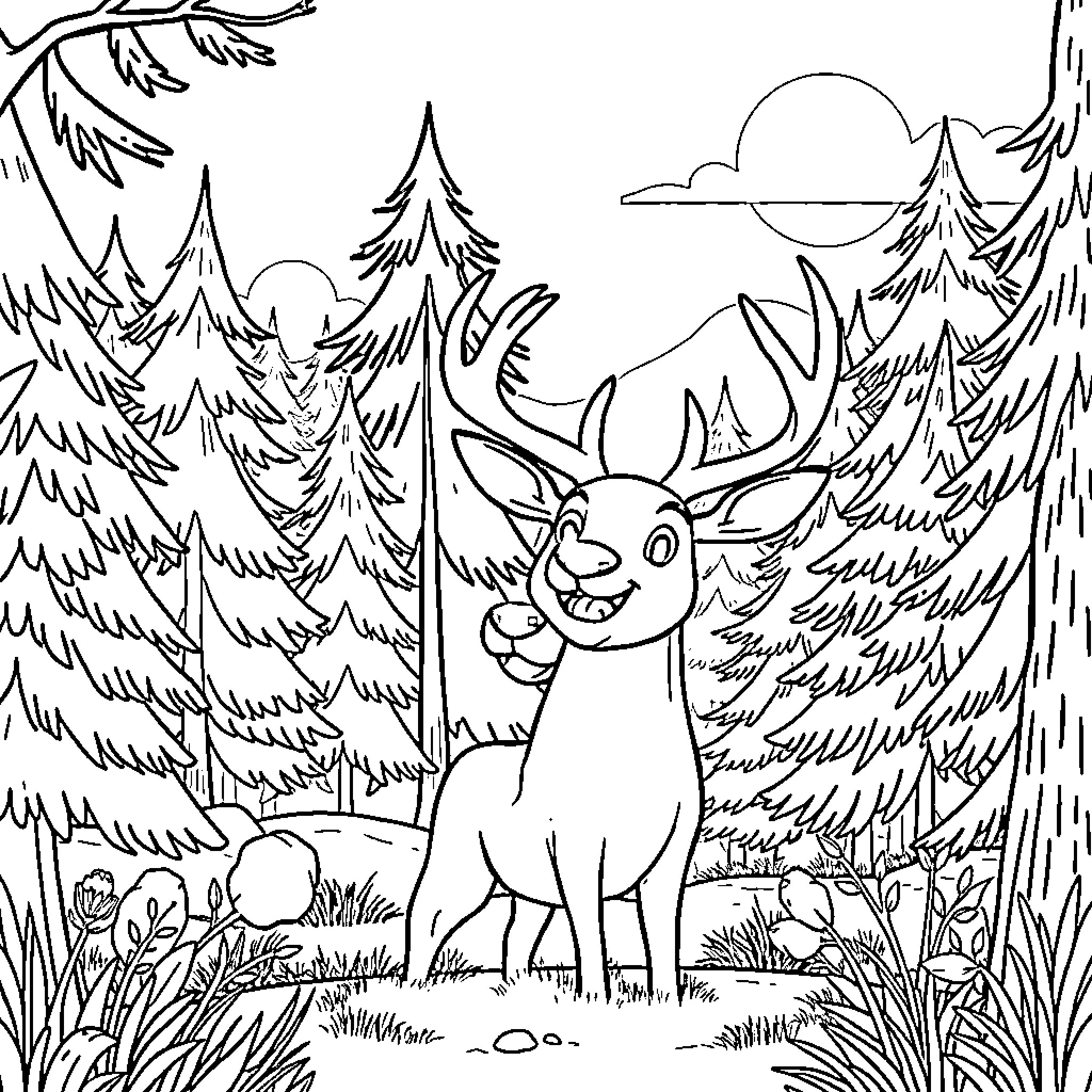 Deer exploring the enchanting forest scene Coloring Page (free black-and-white line drawing printable PDF for all, from beginners to advanced learners, including children, teens, adults, and seniors)