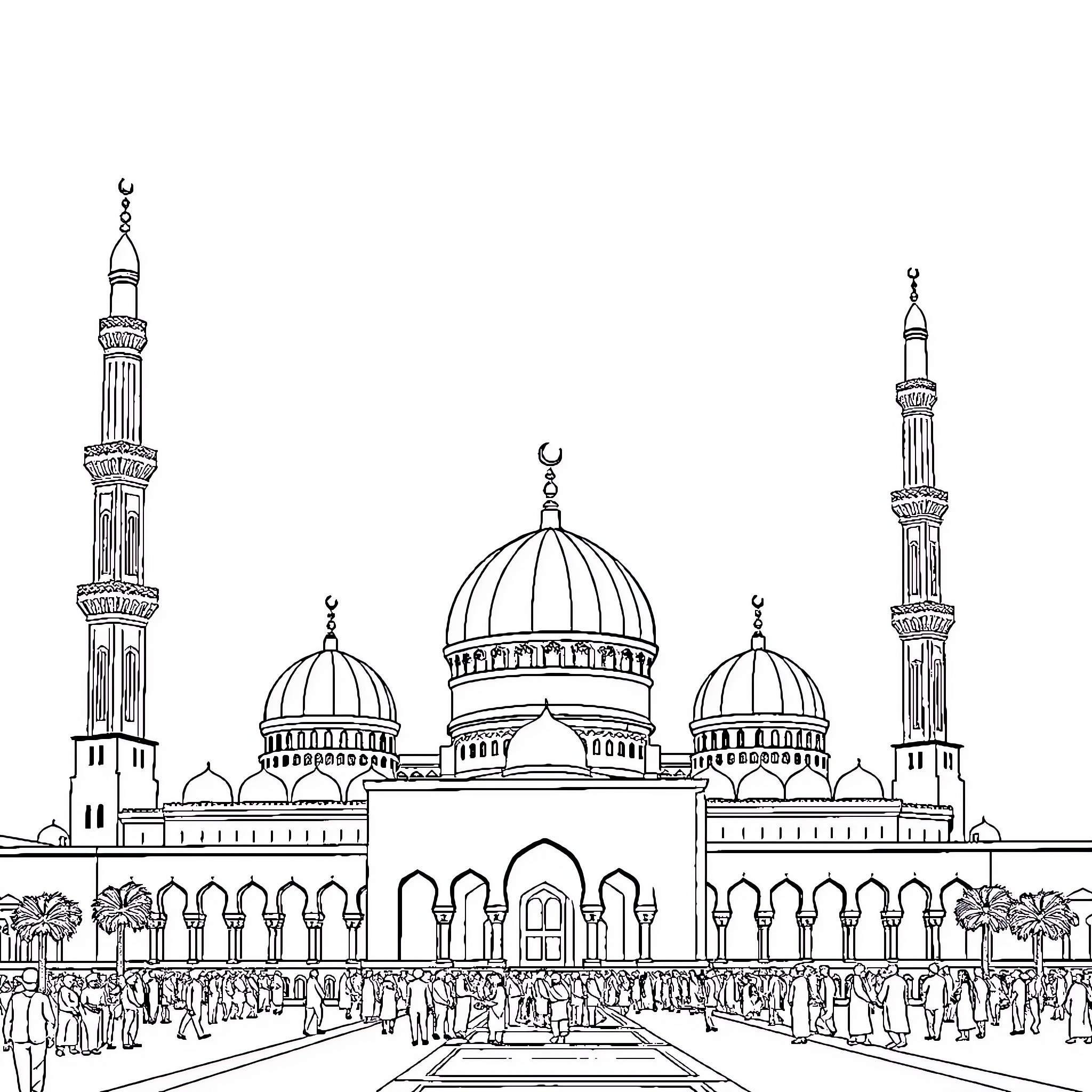 Masjid with Domed Roofs and Minarets Coloring Page (free black-and-white line drawing printable PDF for all, from beginners to advanced learners, including children, teens, adults, and seniors)
