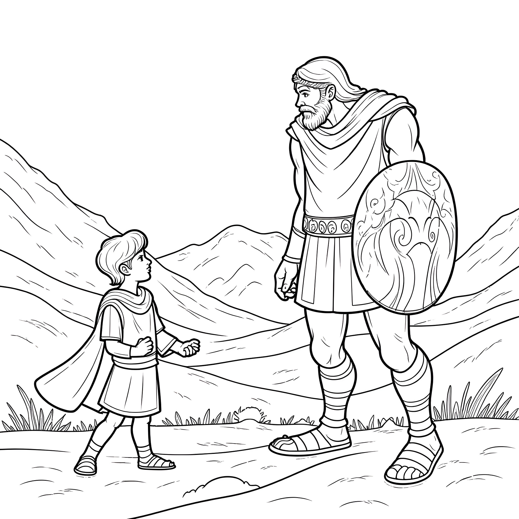 David meeting young boy in the wilderness Coloring Page (free black-and-white line drawing printable PDF for all, from beginners to advanced learners, including children, teens, adults, and seniors)