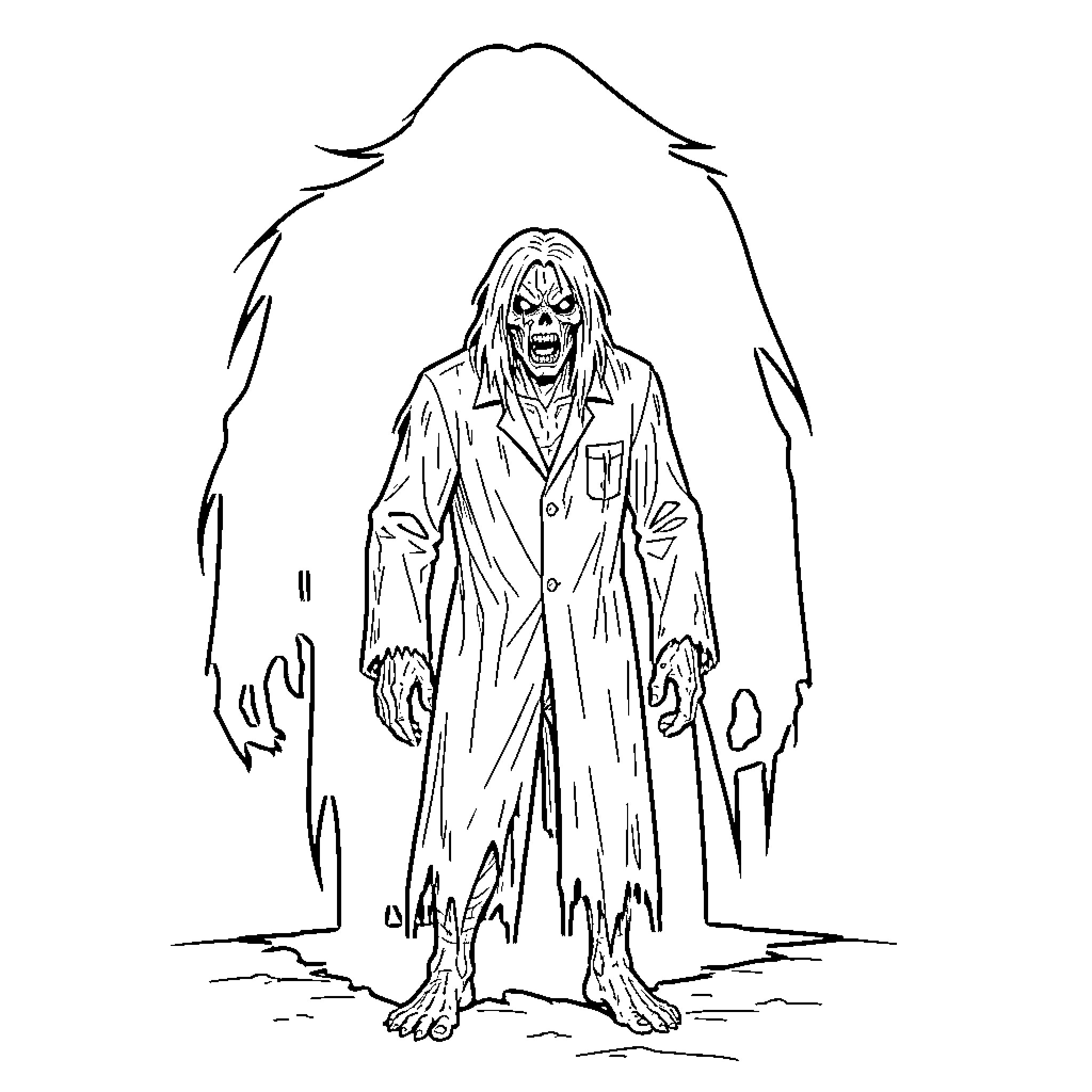 Figure of a zombie scientist standing in a doorway Coloring Page (free black-and-white line drawing printable PDF for all, from beginners to advanced learners, including children, teens, adults, and seniors)