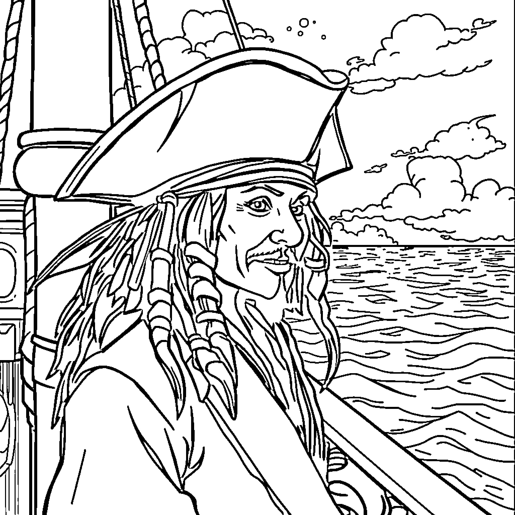 Jack Sparrow sailing the high seas Coloring Page (free black-and-white line drawing printable PDF for all, from beginners to advanced learners, including children, teens, adults, and seniors)