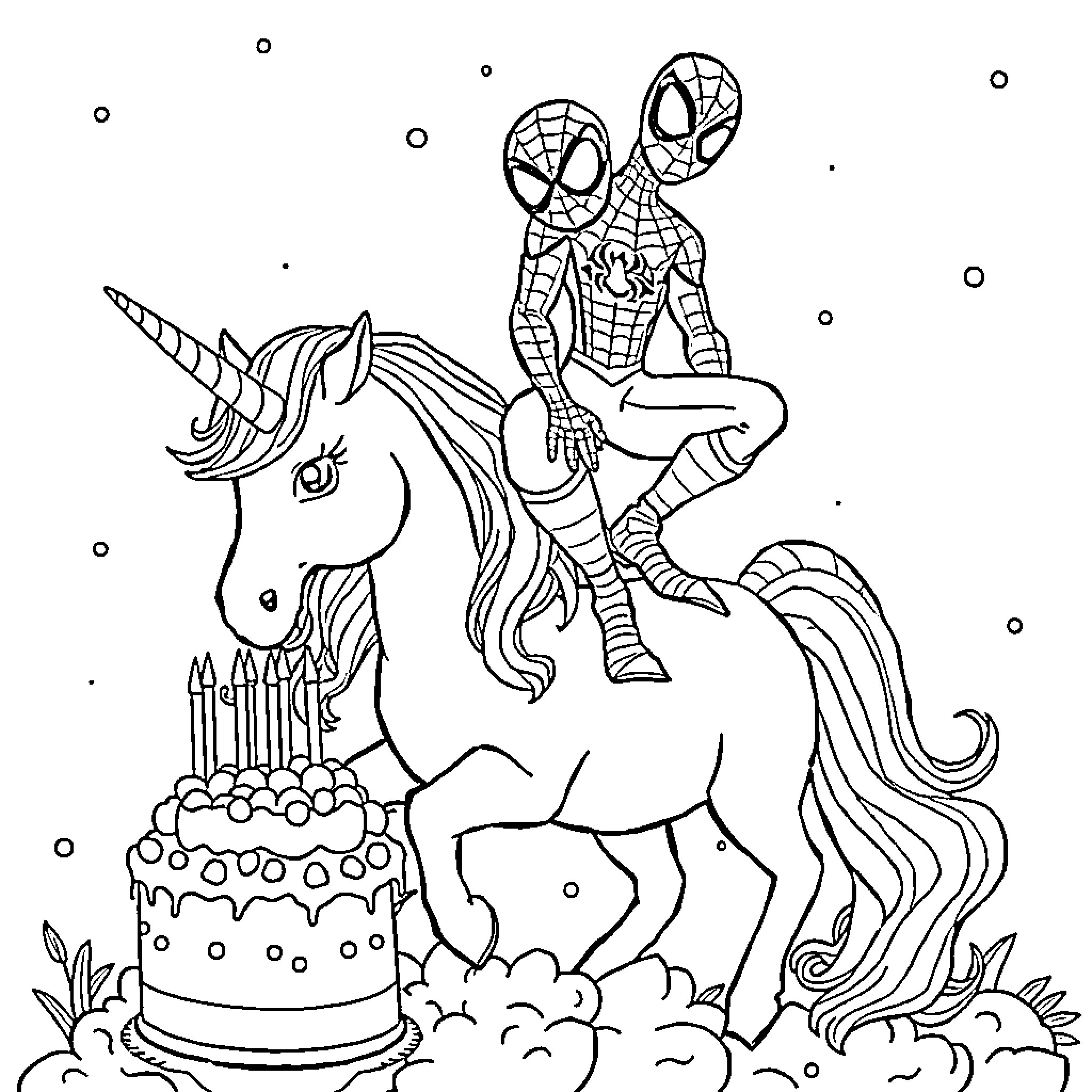 Spiderman riding a unicorn with a birthday cake Coloring Page (free black-and-white line drawing printable PDF for all, from beginners to advanced learners, including children, teens, adults, and seniors)