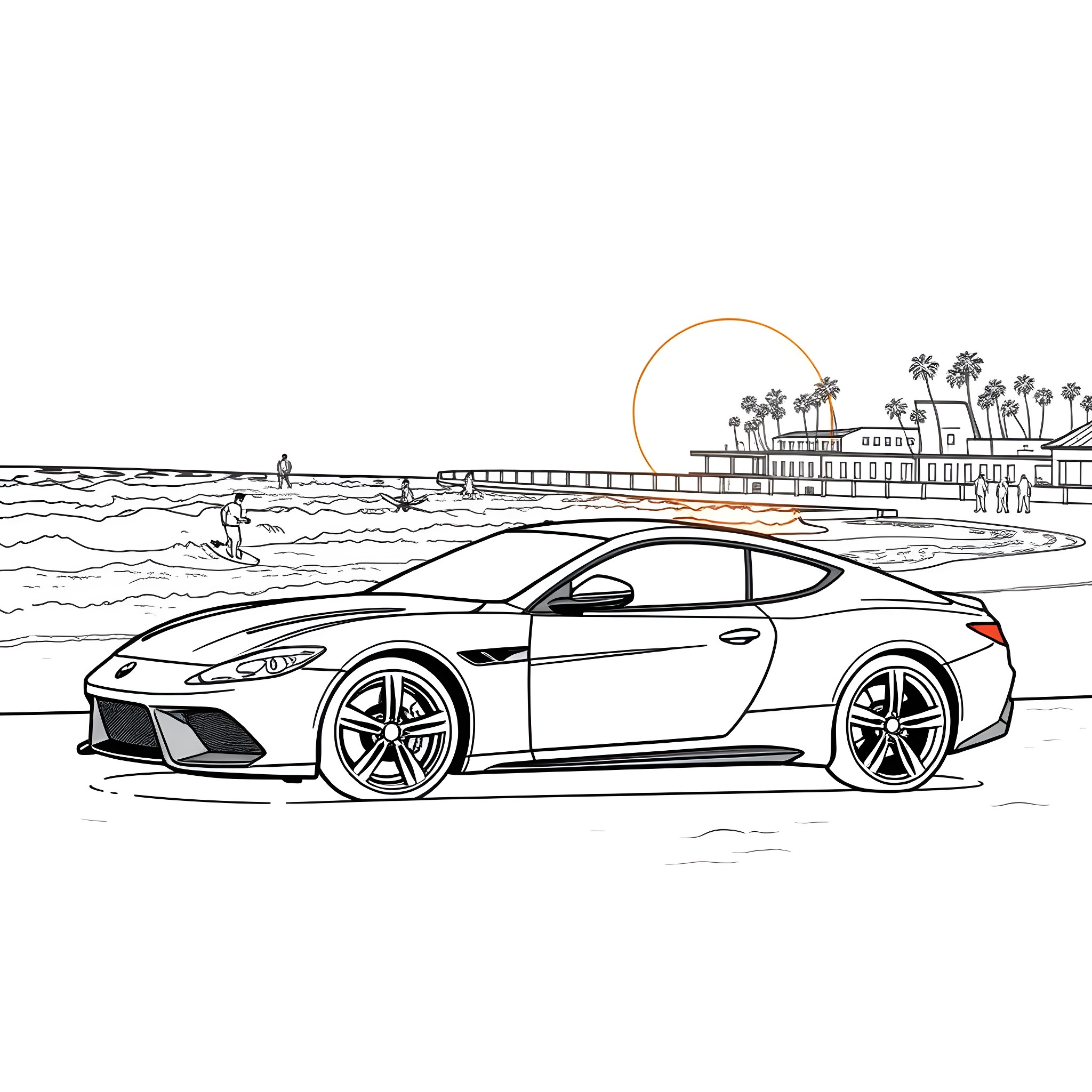 Car speeding along the beach with palm trees Coloring Page (free black-and-white line drawing printable PDF for all, from beginners to advanced learners, including children, teens, adults, and seniors)