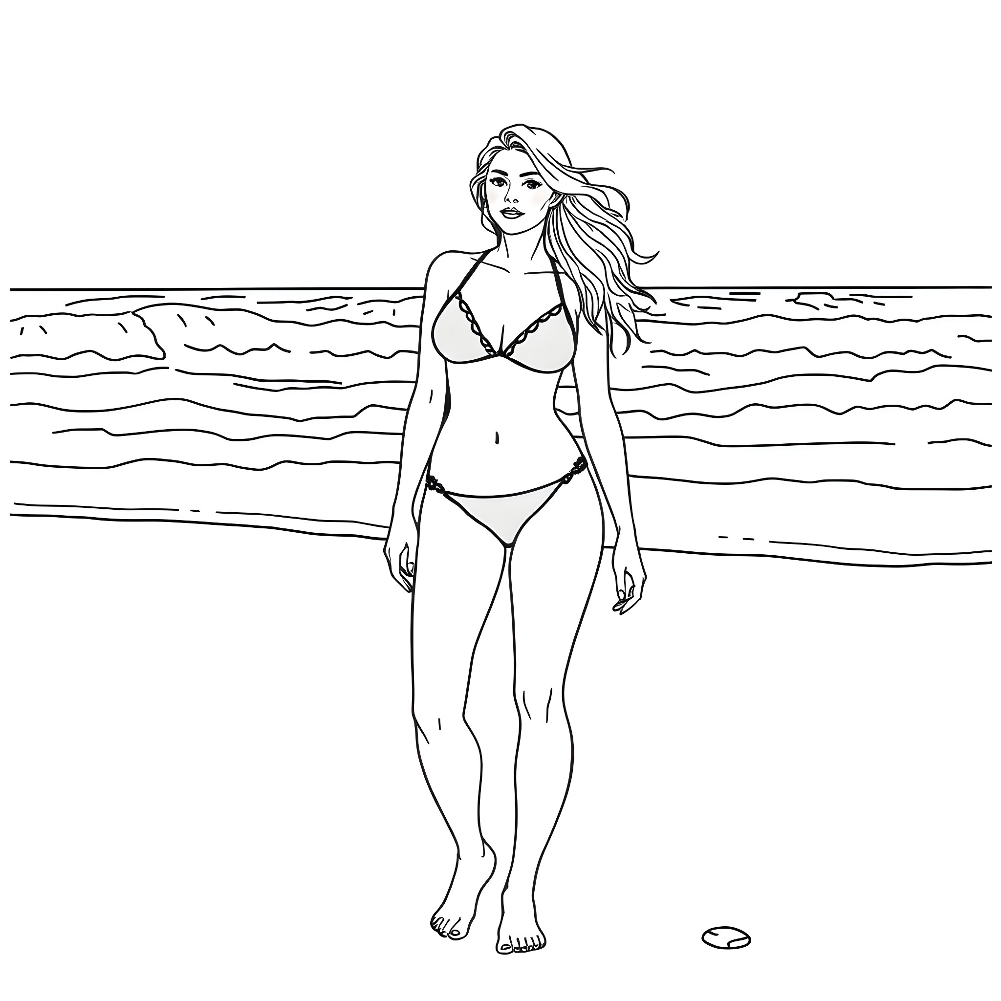 Woman in a bikini walking on the beach Coloring Page (free black-and-white line drawing printable PDF for all, from beginners to advanced learners, including children, teens, adults, and seniors)