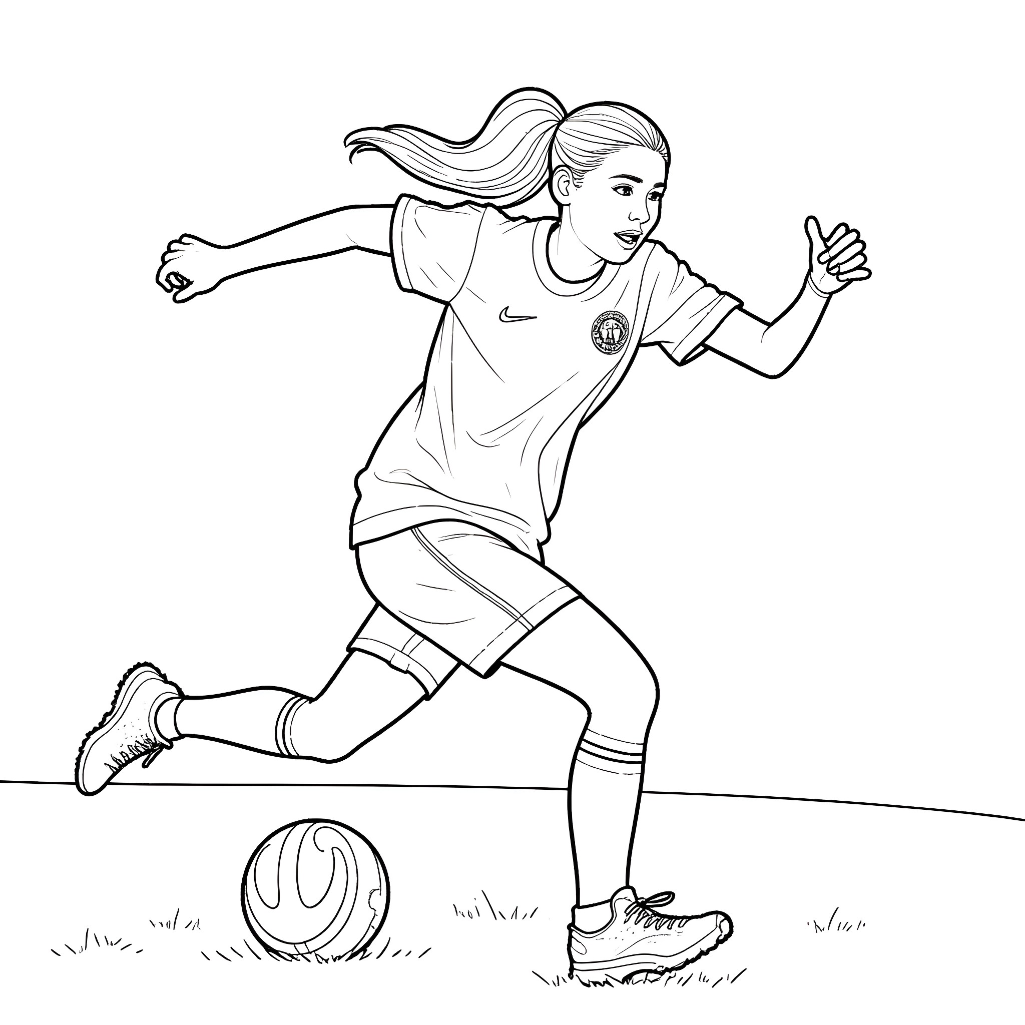 Jenna Ortega Playing Soccer Enthusiastically Coloring Page (free black-and-white line drawing printable PDF for all, from beginners to advanced learners, including children, teens, adults, and seniors)