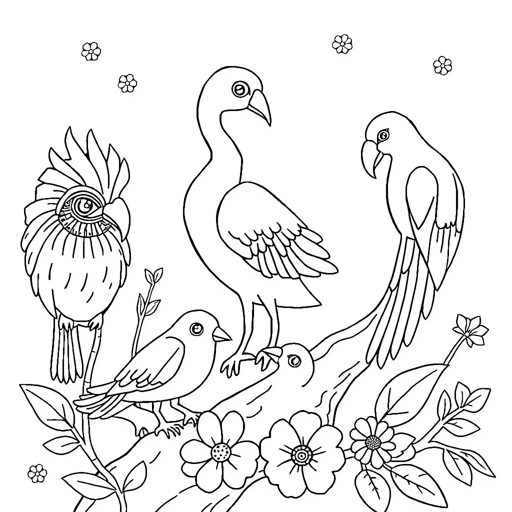 Animal friends in a floral garden Coloring Page (free black-and-white line drawing printable PDF for all, from beginners to advanced learners, including children, teens, adults, and seniors)