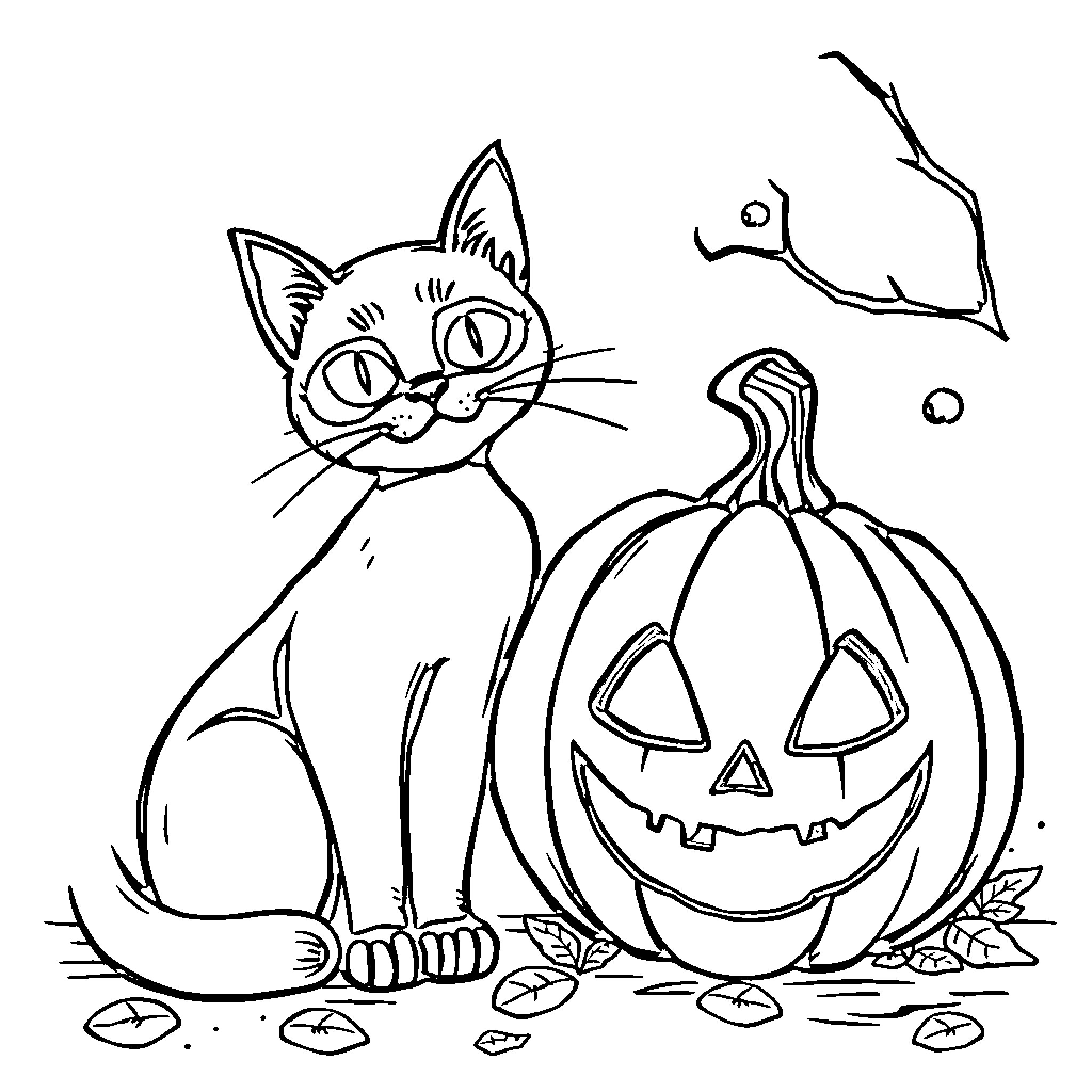 Cat sitting next to a Halloween pumpkin Coloring Page (free black-and-white line drawing printable PDF for all, from beginners to advanced learners, including children, teens, adults, and seniors)