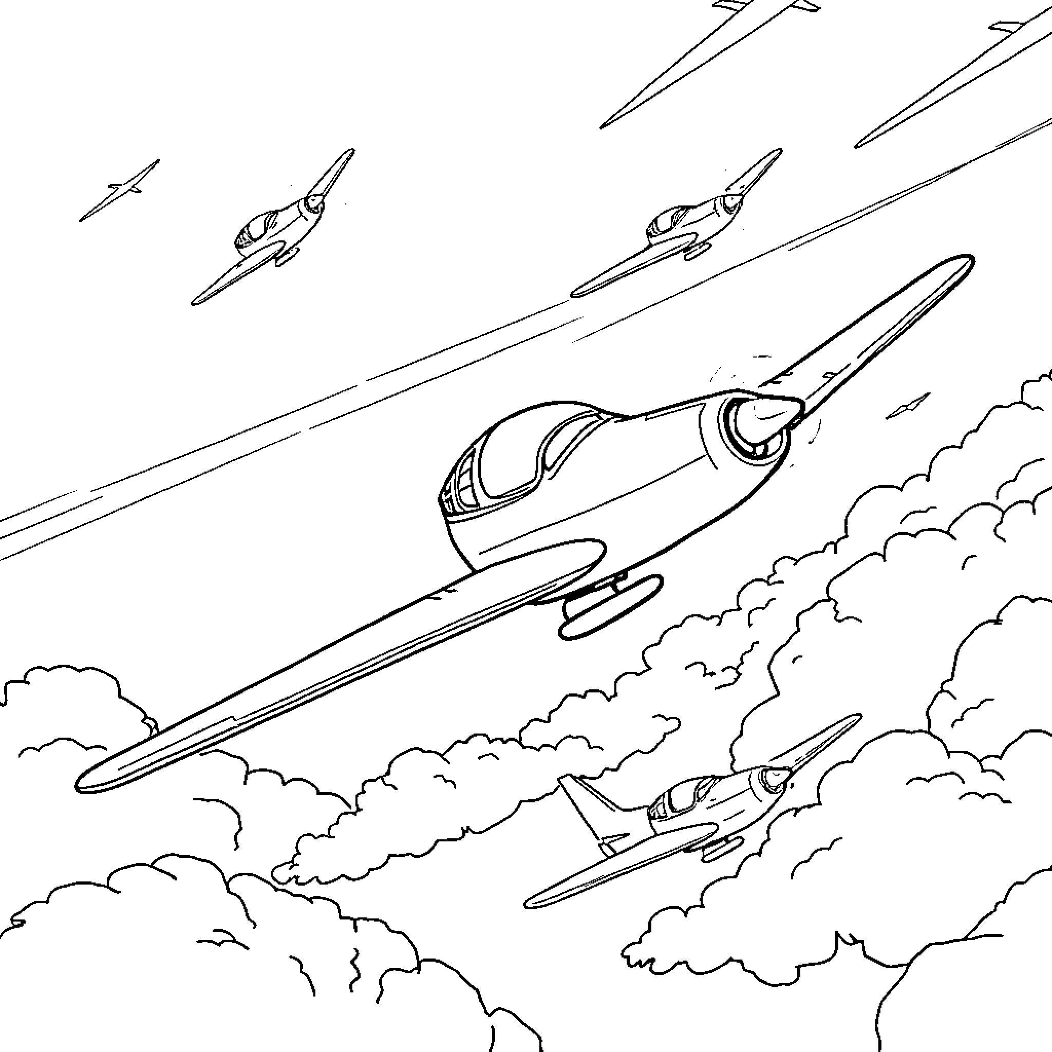 Snail space jets zooming through cloudy skies Coloring Page (free black-and-white line drawing printable PDF for all, from beginners to advanced learners, including children, teens, adults, and seniors)