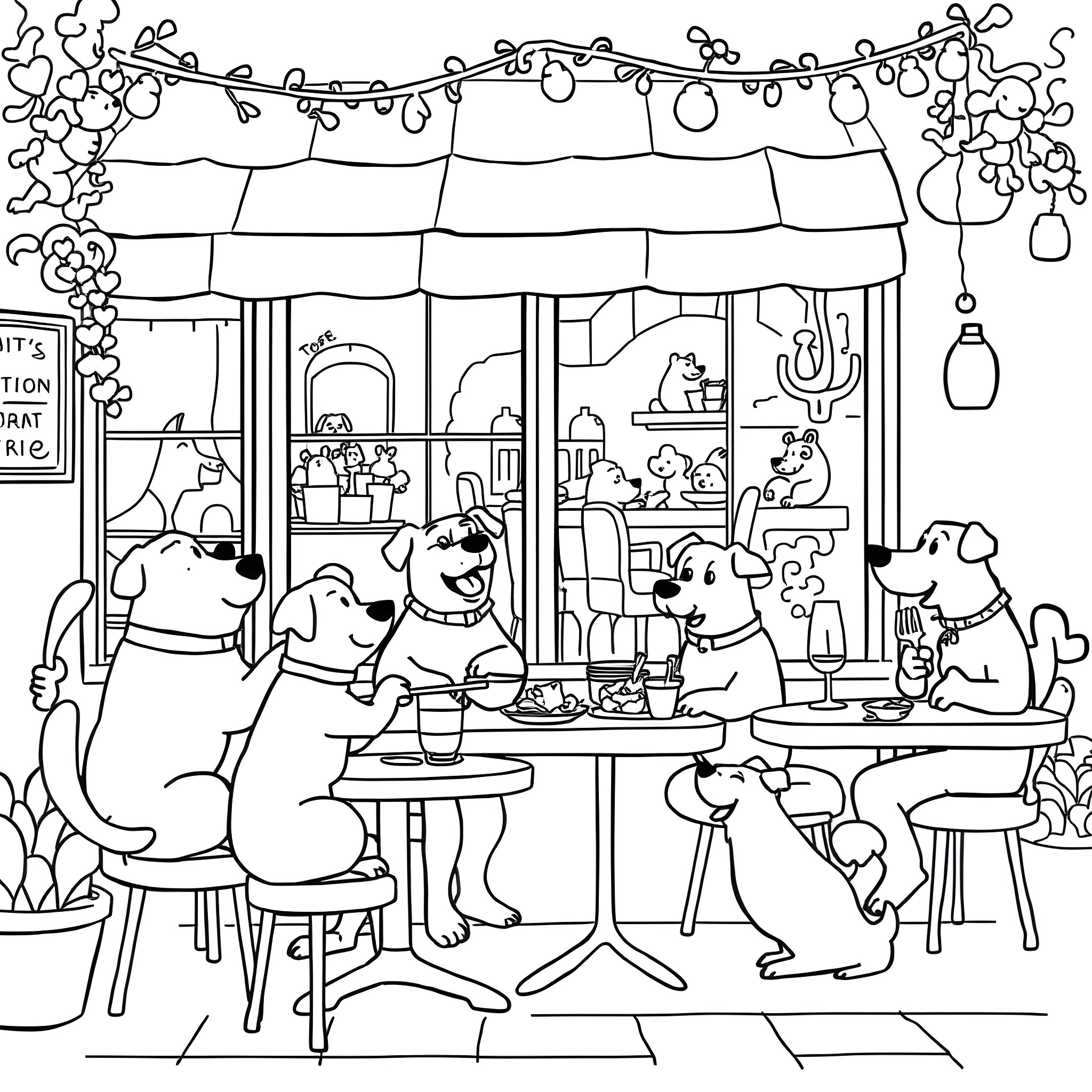 Dogs enjoying a cozy gathering at a cafe Coloring Page (free black-and-white line drawing printable PDF for all, from beginners to advanced learners, including children, teens, adults, and seniors)
