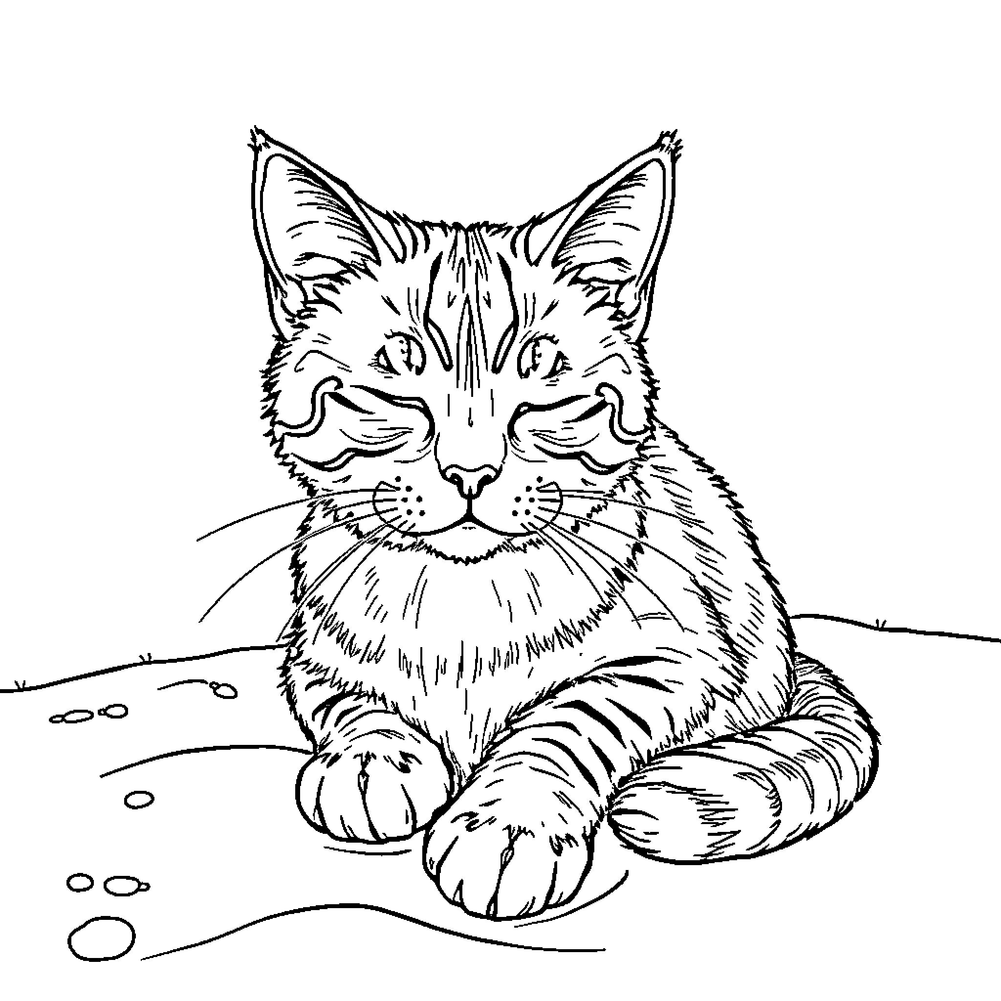 Cat lounging comfortably on the ground Coloring Page (free black-and-white line drawing printable PDF for all, from beginners to advanced learners, including children, teens, adults, and seniors)