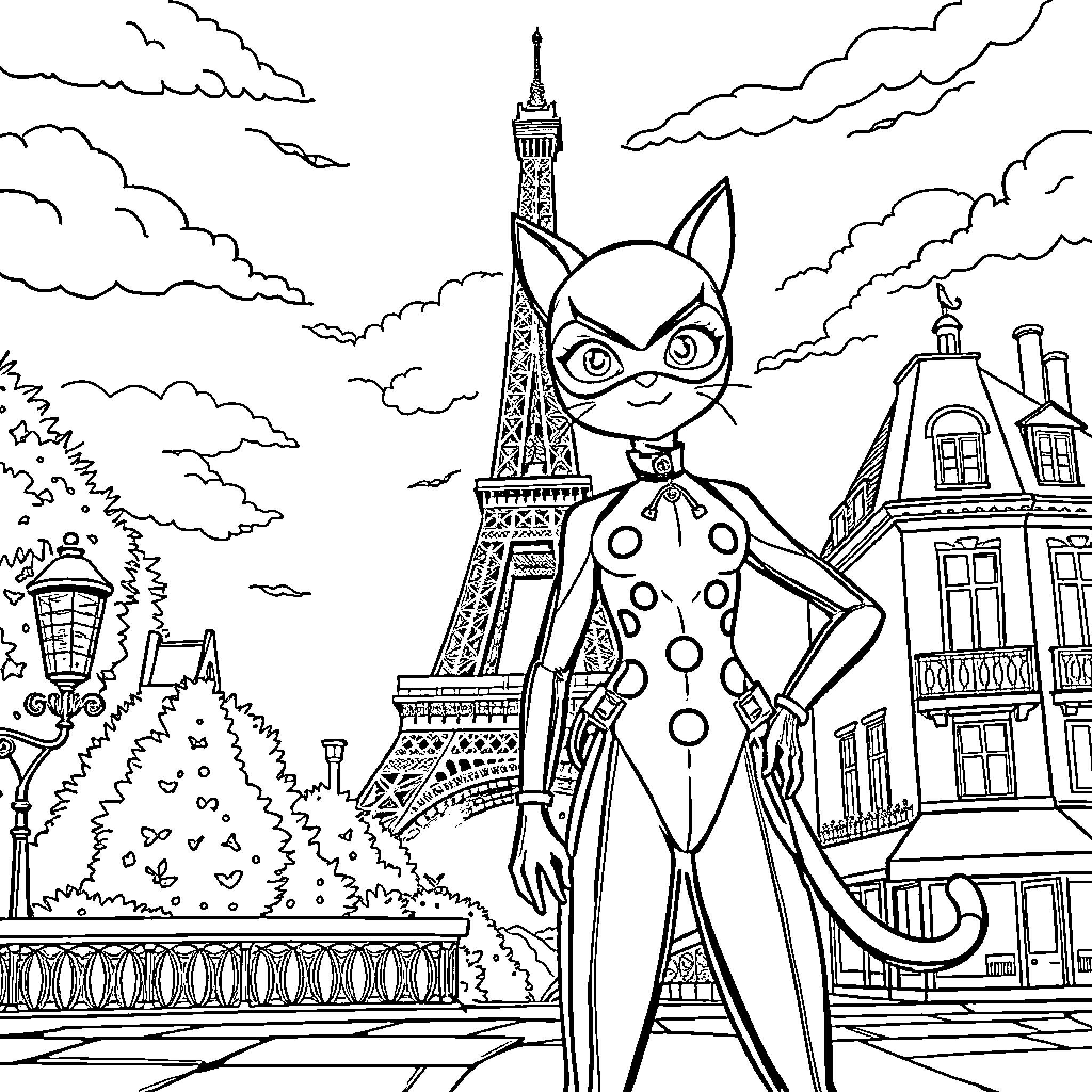 Ladybug heroine stands tall in Paris cityscape Coloring Page (free black-and-white line drawing printable PDF for all, from beginners to advanced learners, including children, teens, adults, and seniors)