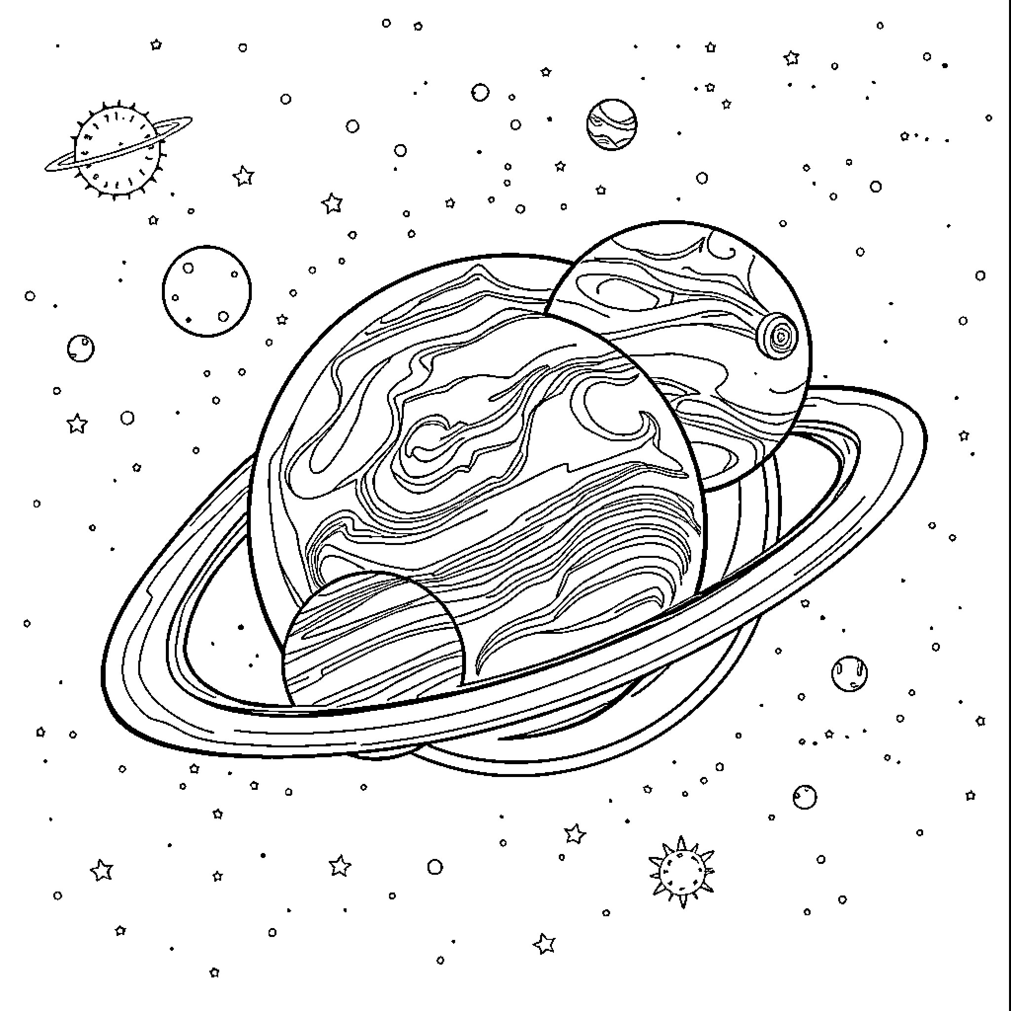 Planet with Celestial Objects in the Cosmos Coloring Page (free black-and-white line drawing printable PDF for all, from beginners to advanced learners, including children, teens, adults, and seniors)