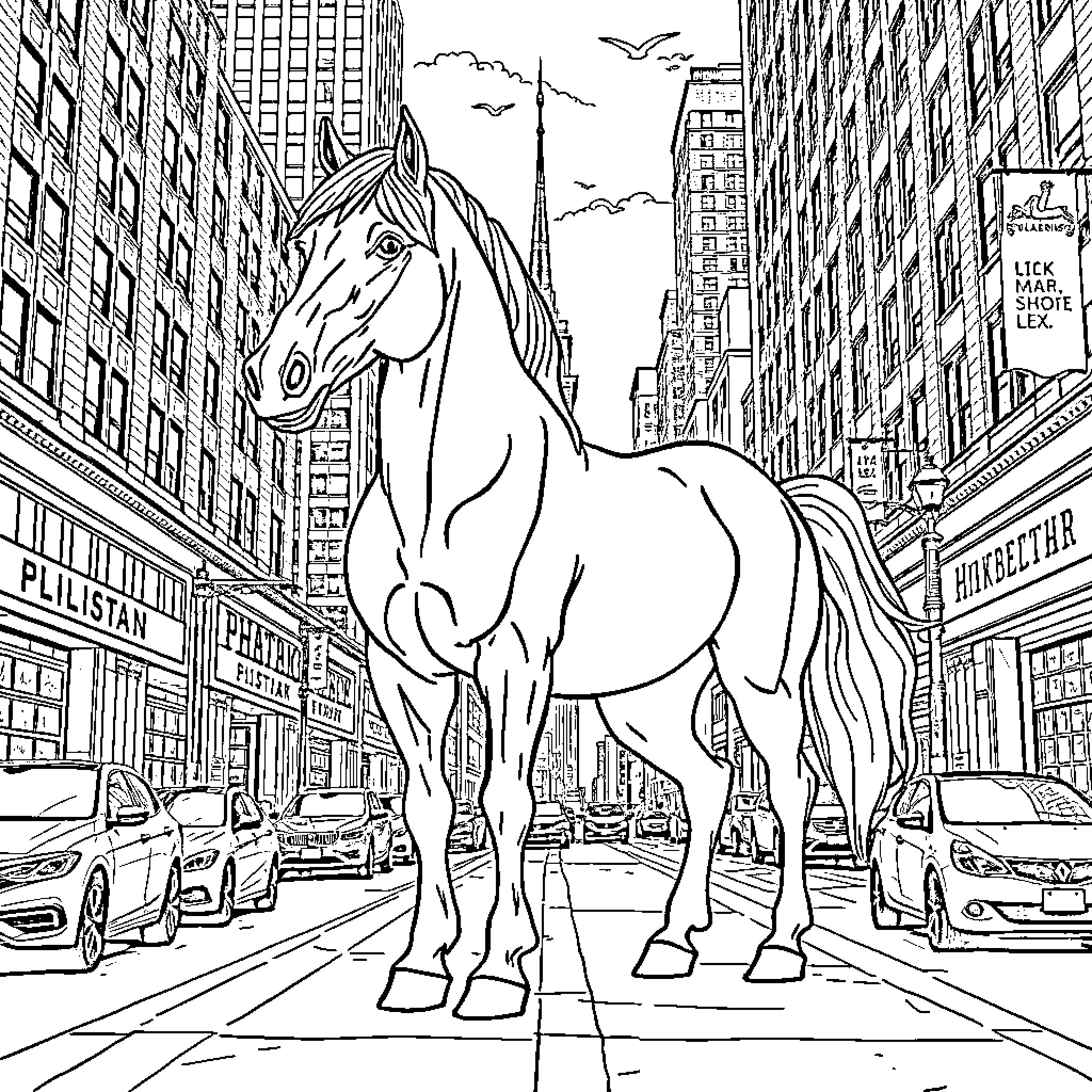 Mustang standing tall in the bustling city streets Coloring Page (free black-and-white line drawing printable PDF for all, from beginners to advanced learners, including children, teens, adults, and seniors)