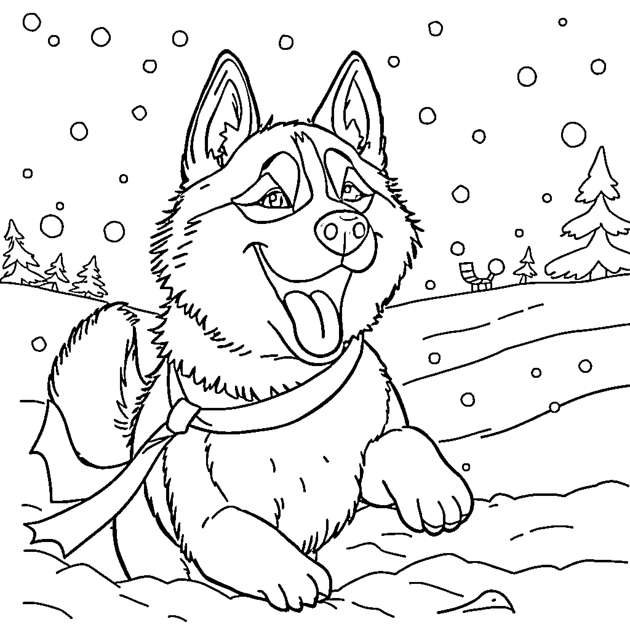 Husky enjoying the snowy landscape Coloring Page (free black-and-white line drawing printable PDF for all, from beginners to advanced learners, including children, teens, adults, and seniors)