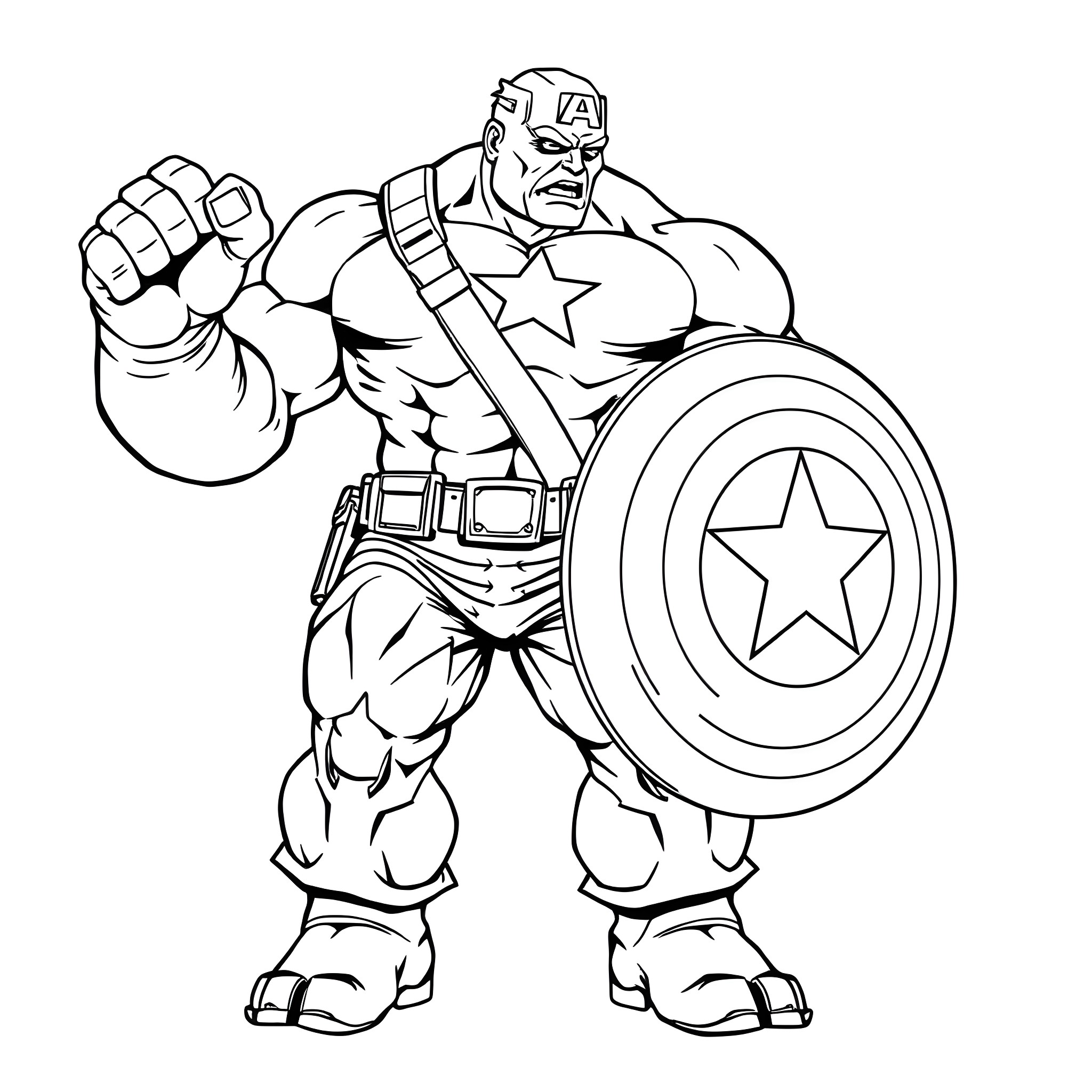 Hulk-like hero in action pose with shield Coloring Page (free black-and-white line drawing printable PDF for all, from beginners to advanced learners, including children, teens, adults, and seniors)