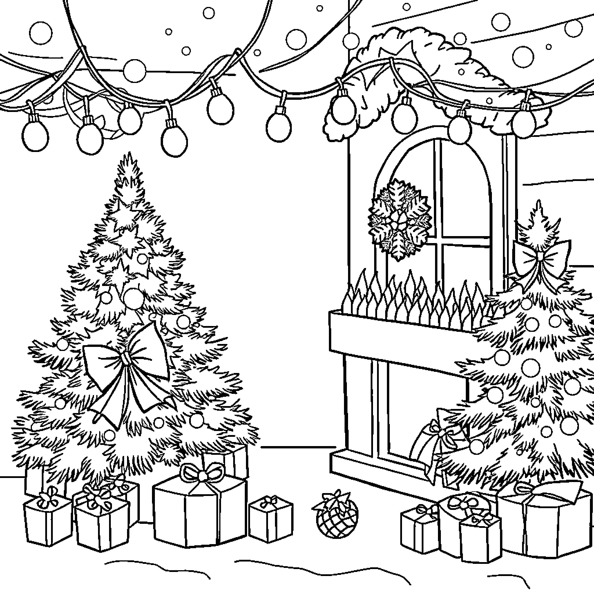 Christmas Festive Scene with Decorated Tree and Presents Coloring Page (free black-and-white line drawing printable PDF for all, from beginners to advanced learners, including children, teens, adults, and seniors)