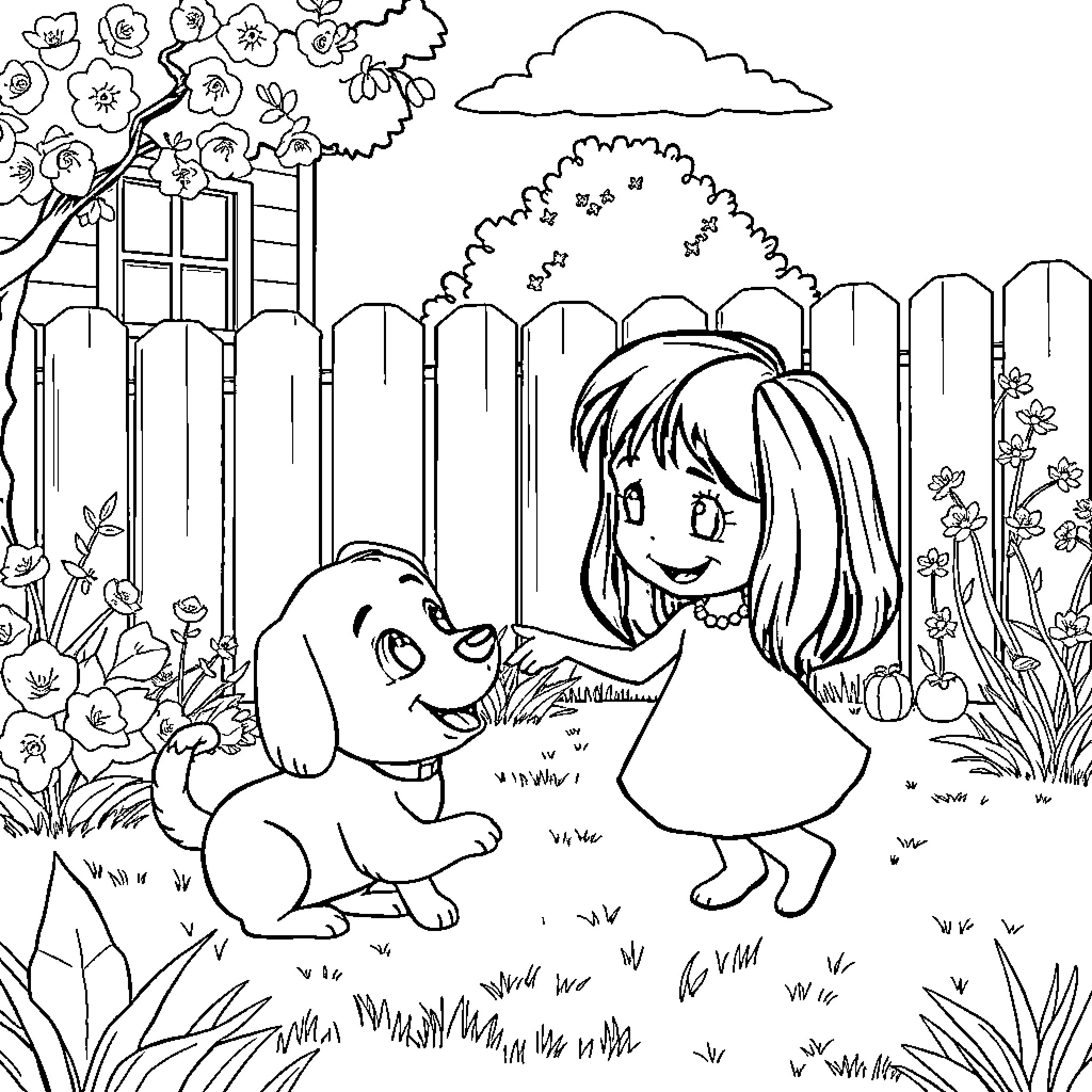 Dog playing joyfully with girl in the garden Coloring Page (free black-and-white line drawing printable PDF for all, from beginners to advanced learners, including children, teens, adults, and seniors)