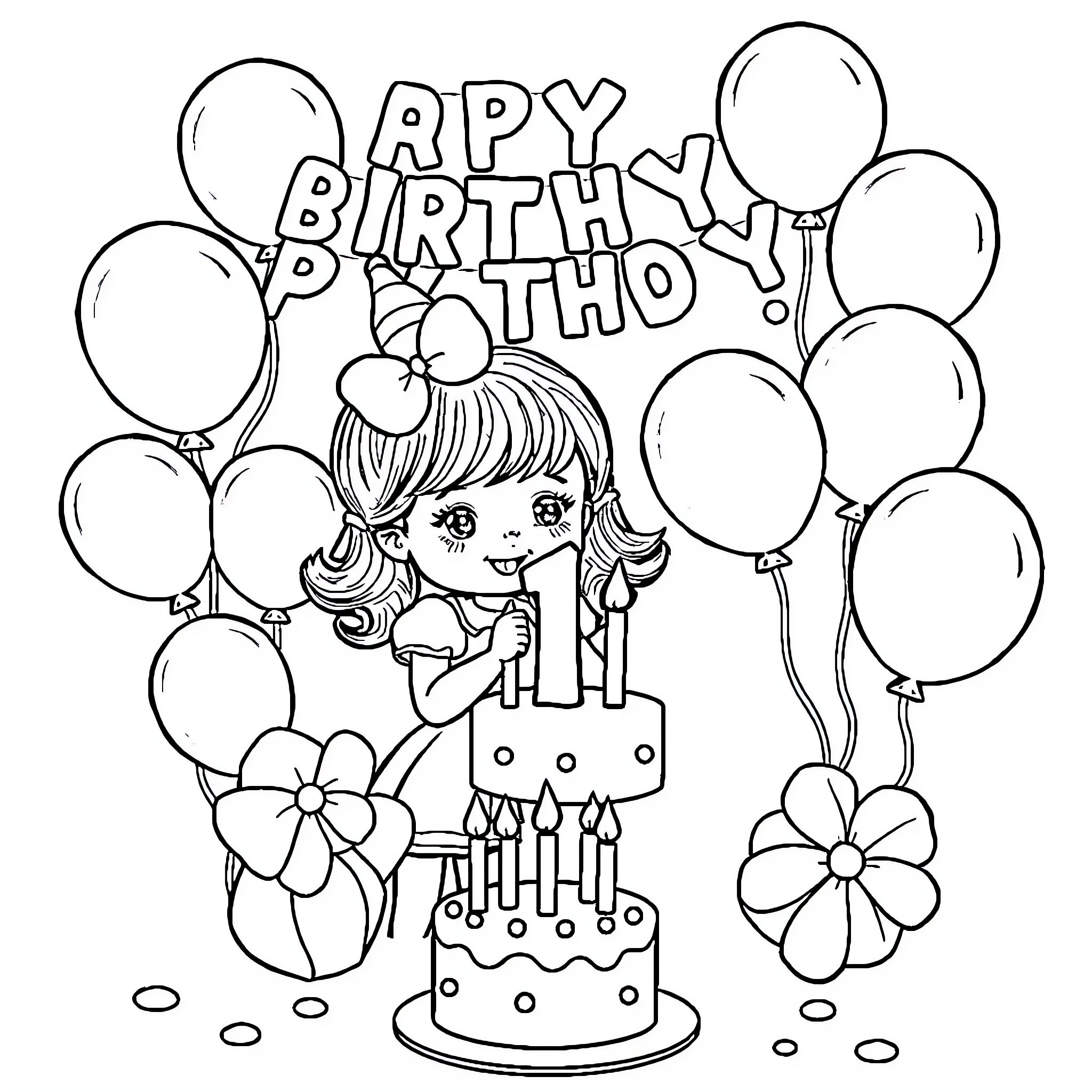 Birthday celebration with a girl, balloons, and a cake Coloring Page (free black-and-white line drawing printable PDF for all, from beginners to advanced learners, including children, teens, adults, and seniors)