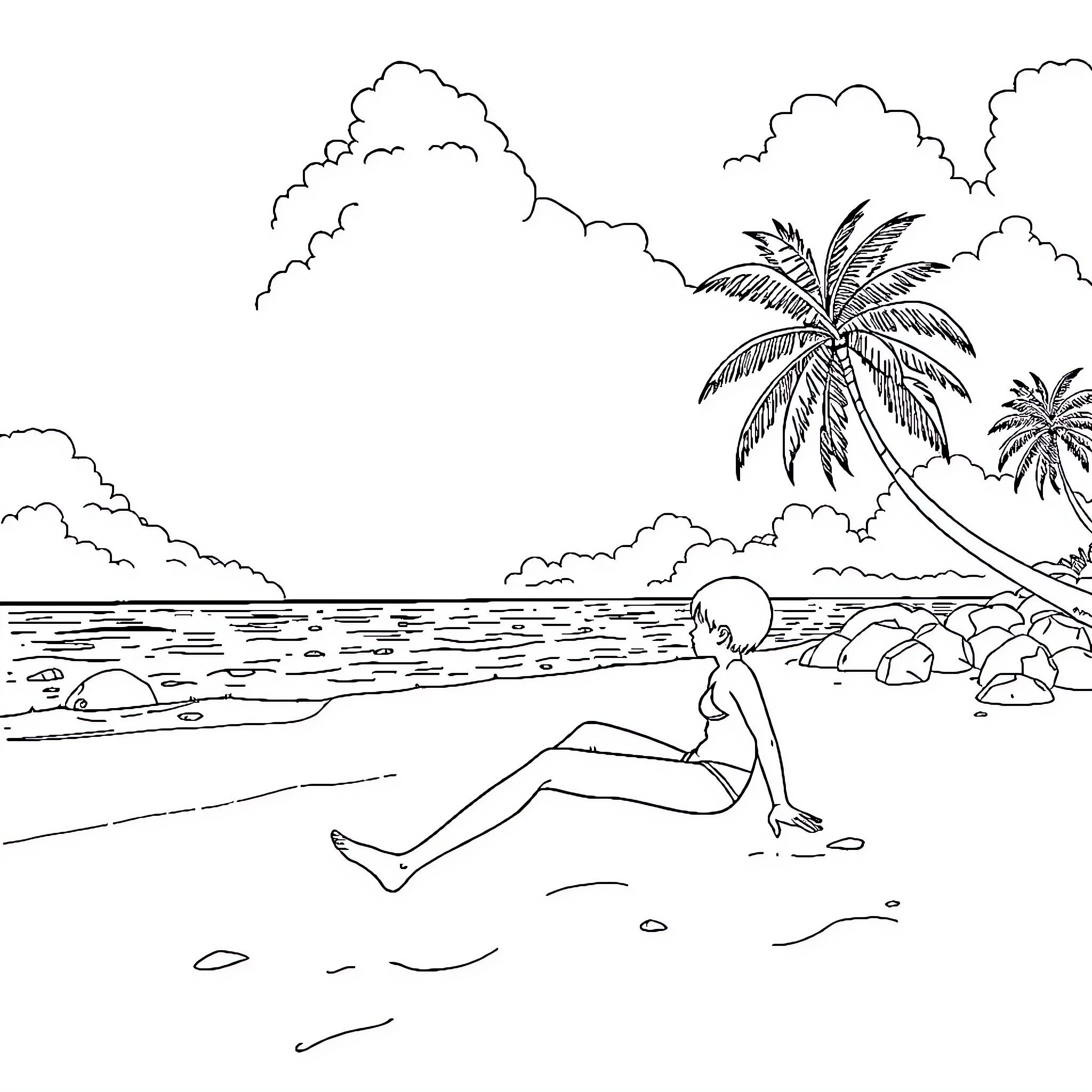 Bluey relaxing on the beach under palm trees Coloring Page (free black-and-white line drawing printable PDF for all, from beginners to advanced learners, including children, teens, adults, and seniors)