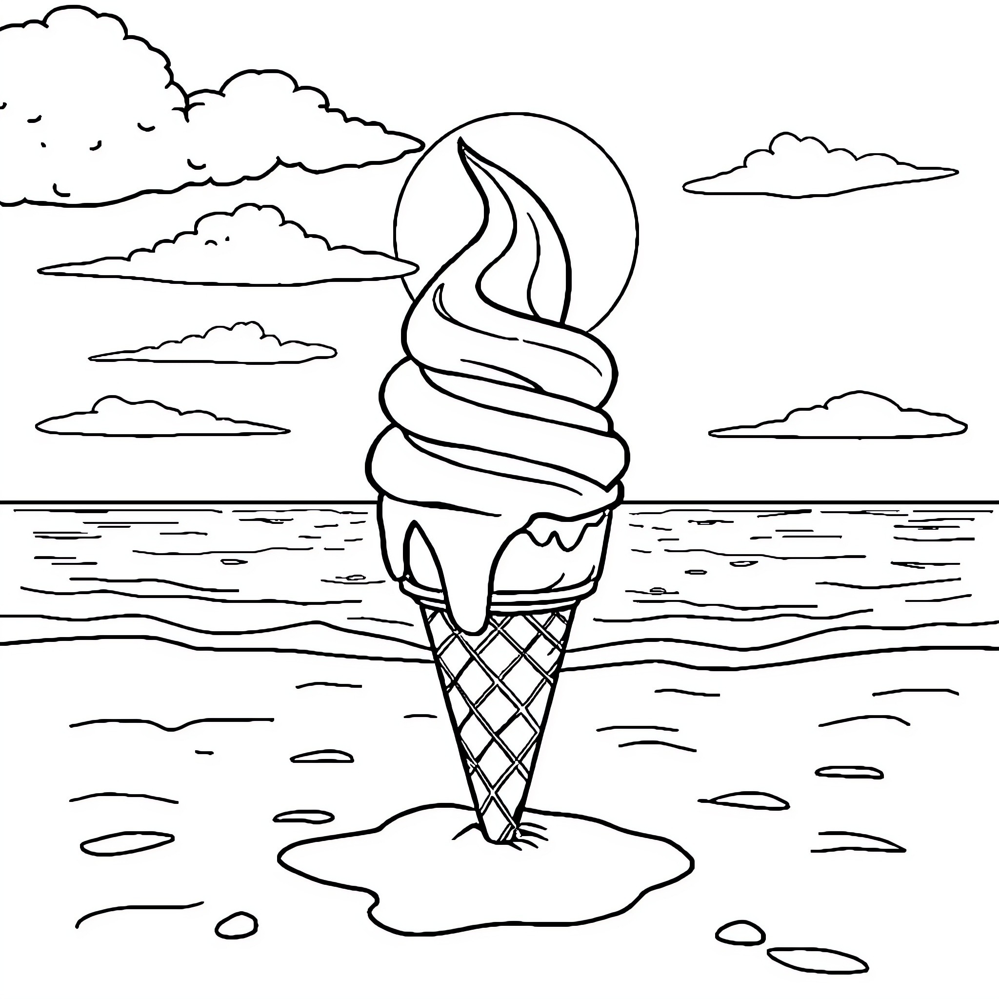 Ice Cream by the Seaside Coloring Page (free black-and-white line drawing printable PDF for all, from beginners to advanced learners, including children, teens, adults, and seniors)