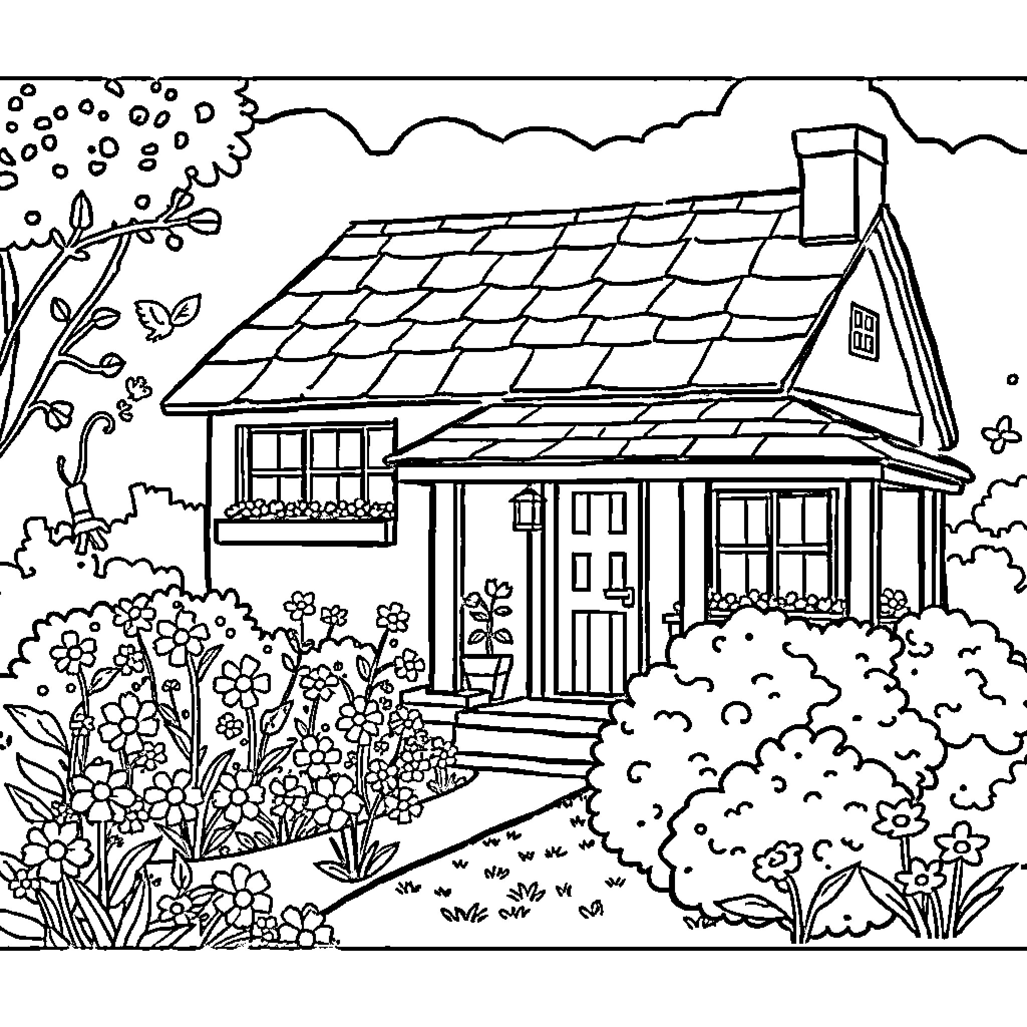 House with Cozy Cottage Charm in Nature Coloring Page (free black-and-white line drawing printable PDF for all, from beginners to advanced learners, including children, teens, adults, and seniors)