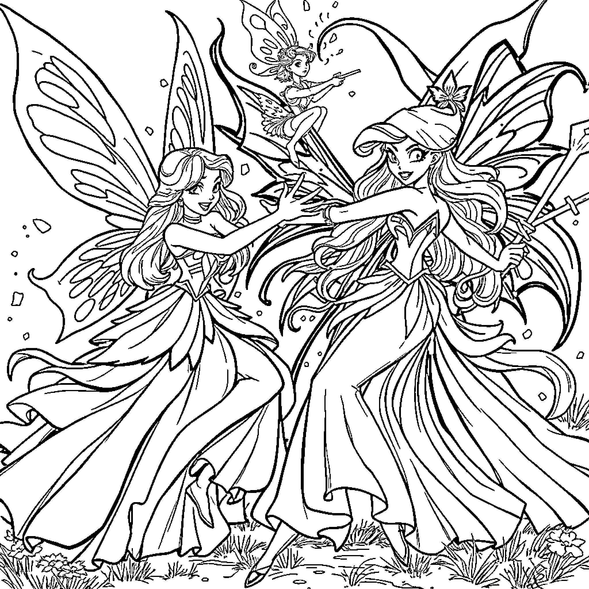 Winx Fairies in Enchanting Fantasy Scene Coloring Page (free black-and-white line drawing printable PDF for all, from beginners to advanced learners, including children, teens, adults, and seniors)