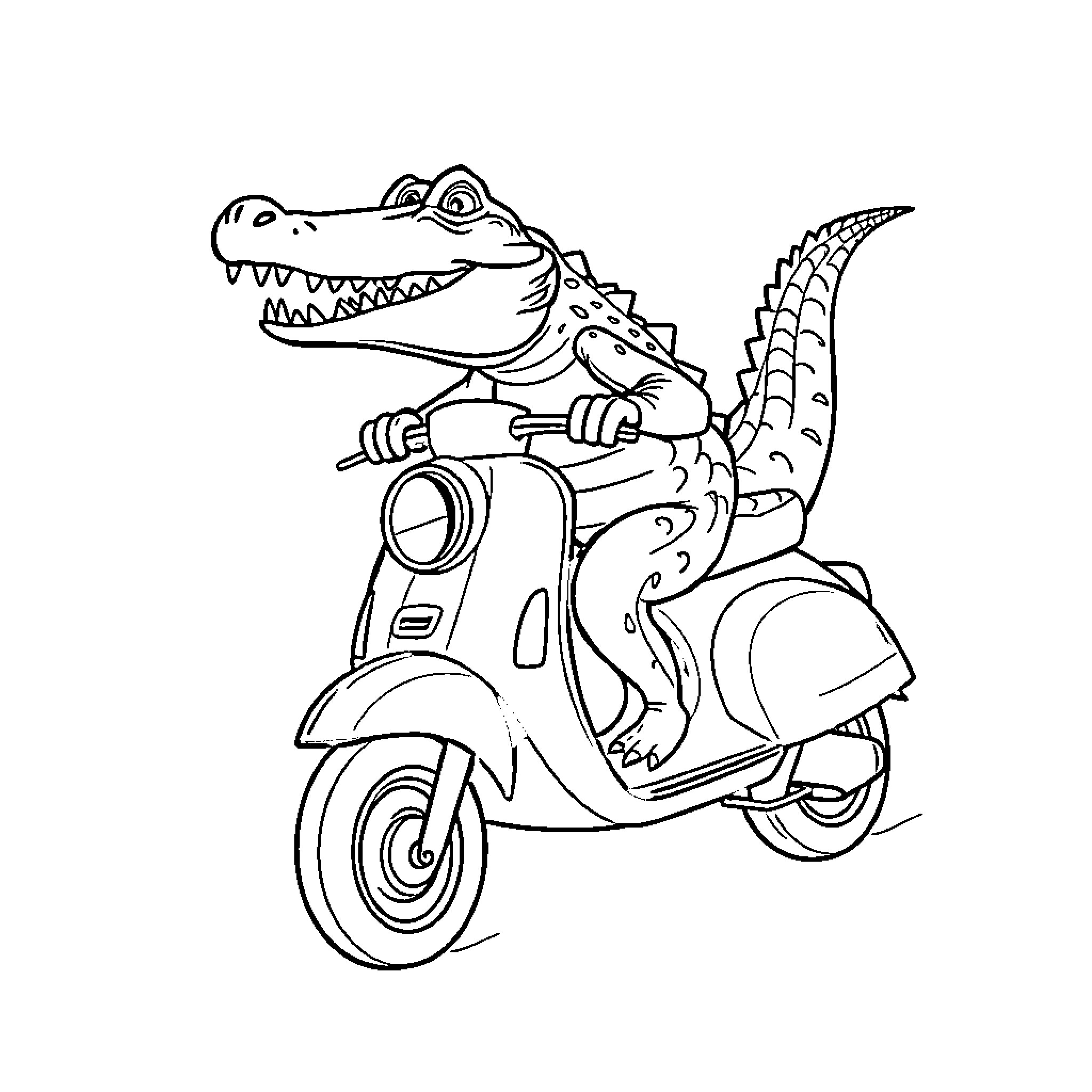Crocodile riding a scooter with playful expression Coloring Page (free black-and-white line drawing printable PDF for all, from beginners to advanced learners, including children, teens, adults, and seniors)