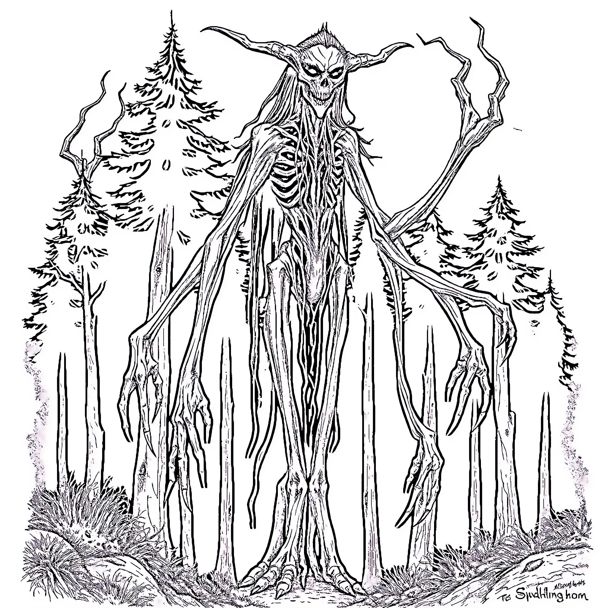 Sirenhead Towering Menacingly in the Dark Forest Coloring Page (free black-and-white line drawing printable PDF for all, from beginners to advanced learners, including children, teens, adults, and seniors)
