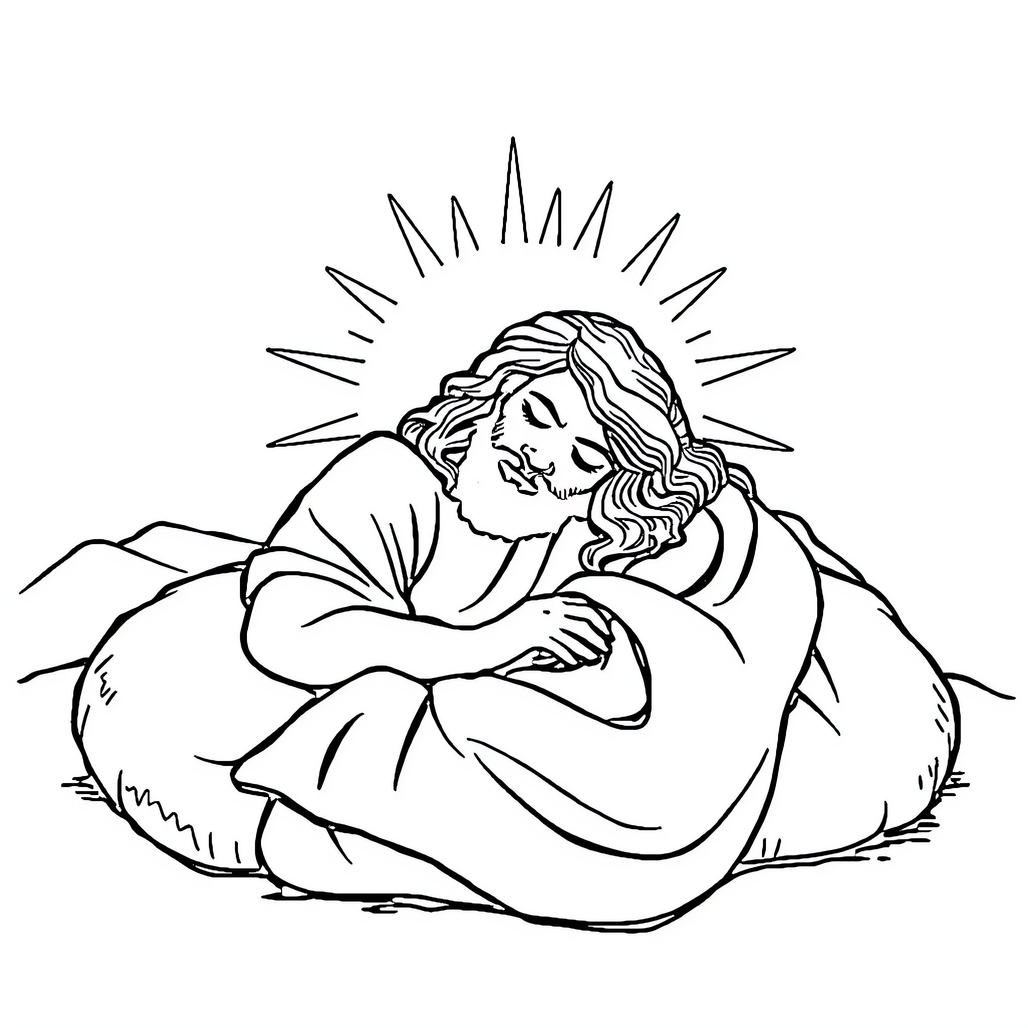 God's Gentle Embrace Coloring Page (free black-and-white line drawing printable PDF for all, from beginners to advanced learners, including children, teens, adults, and seniors)